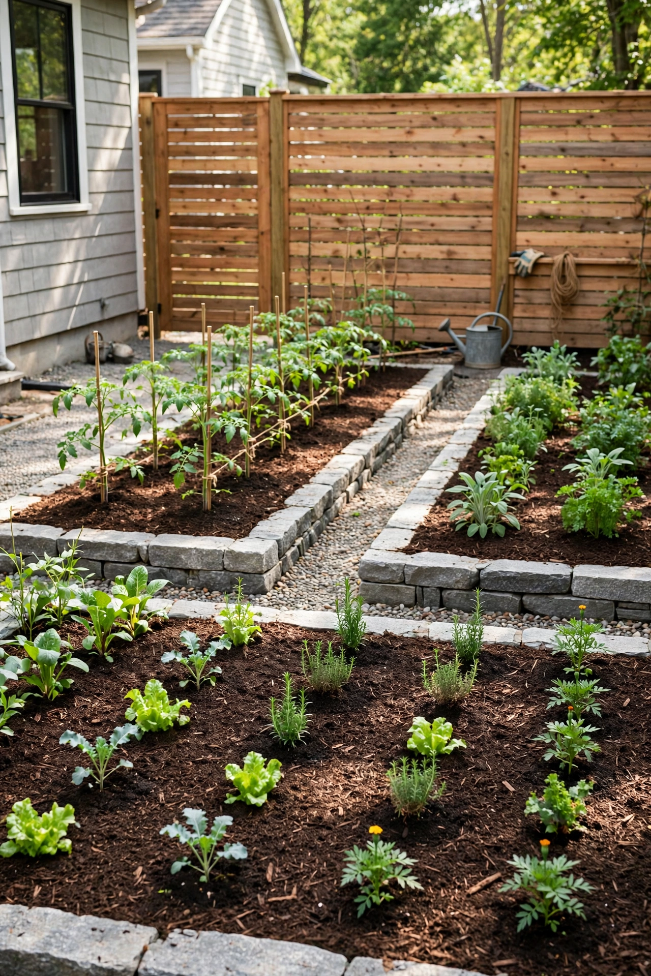 Backyard with refreshed garden beds