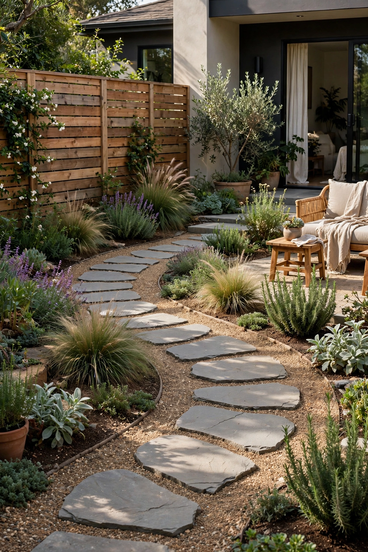 Backyard with redesigned paths