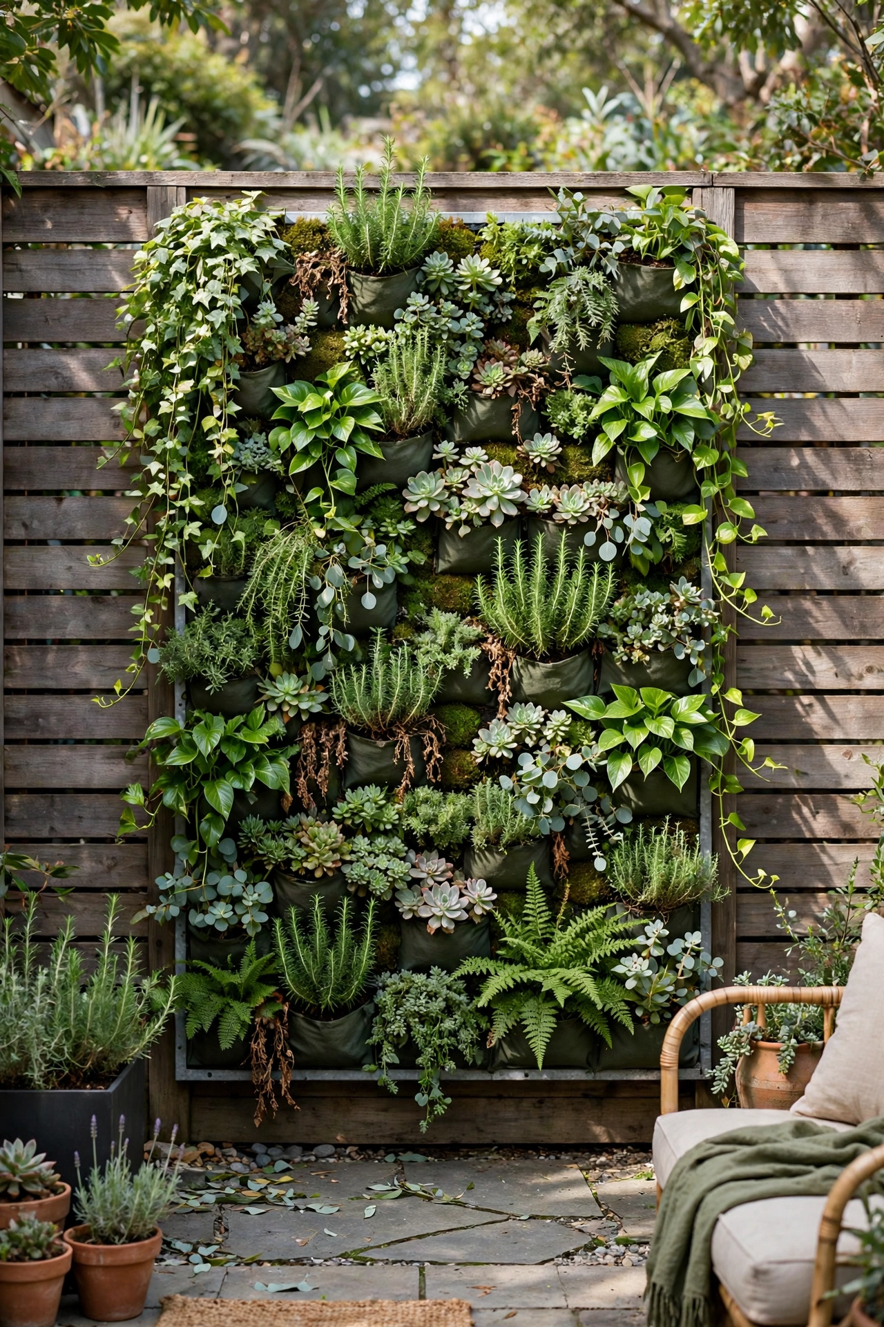 Backyard with a vertical garden wall