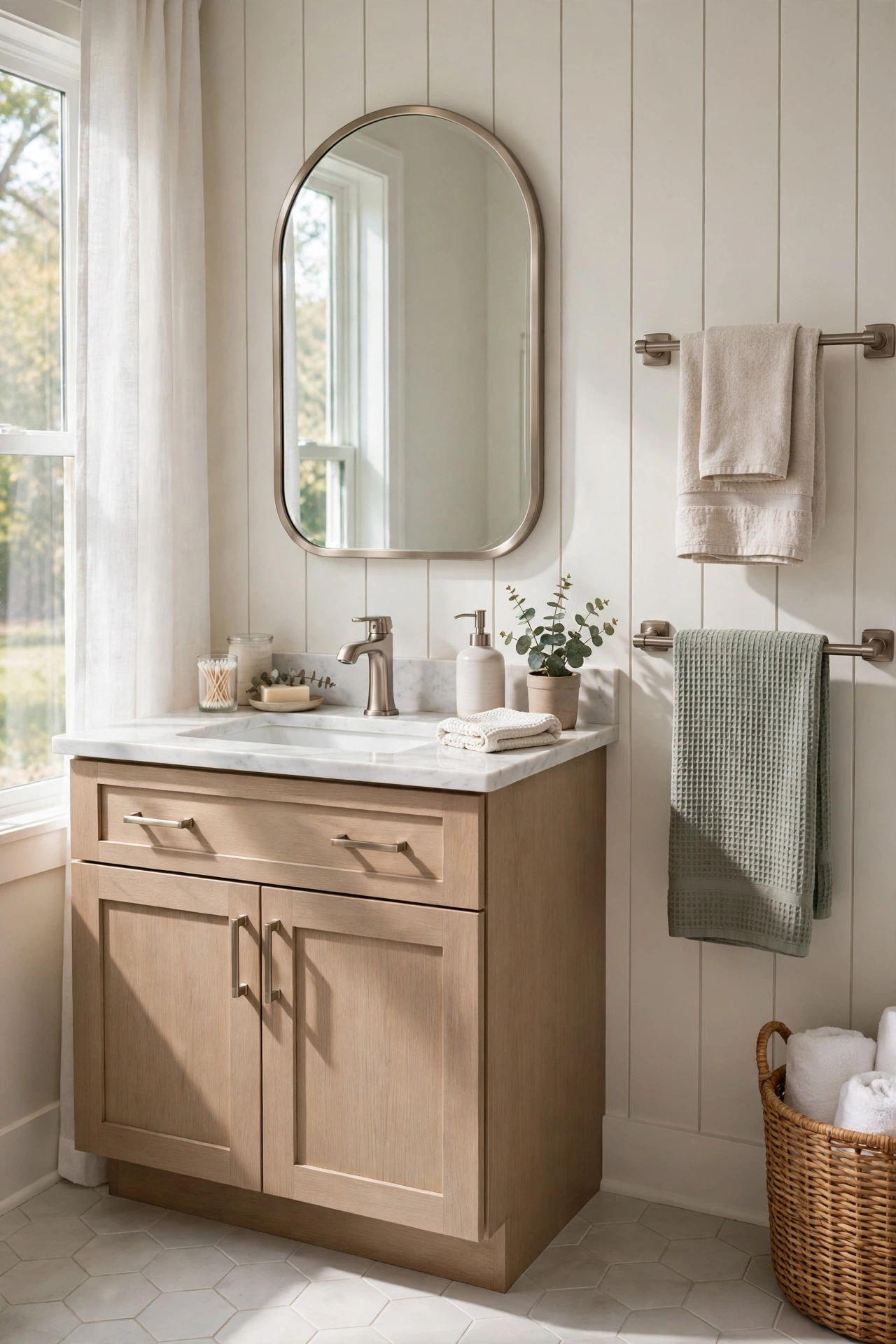 Bathroom makeover with replaced faucet and hardware