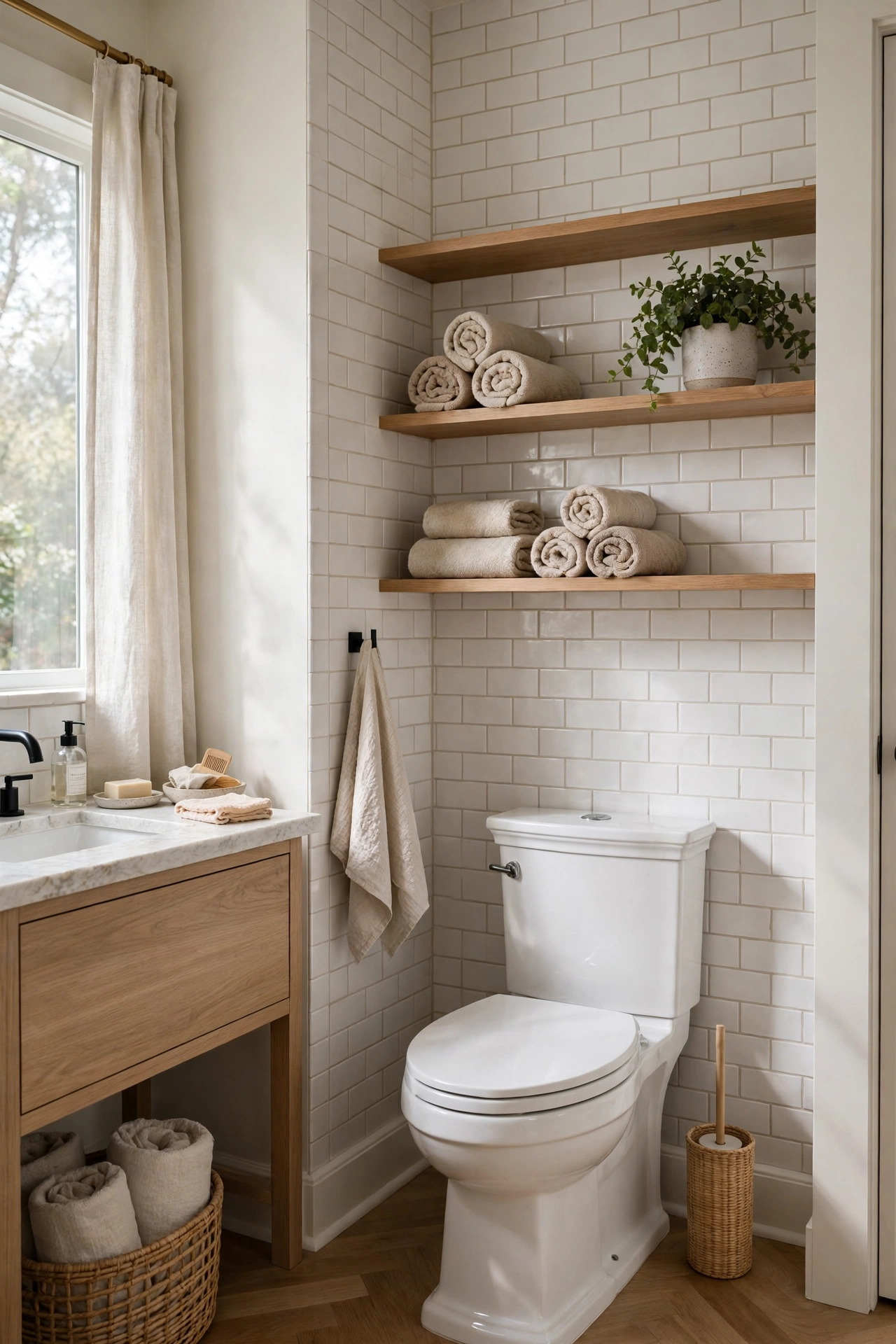 Bathroom makeover with open shelving