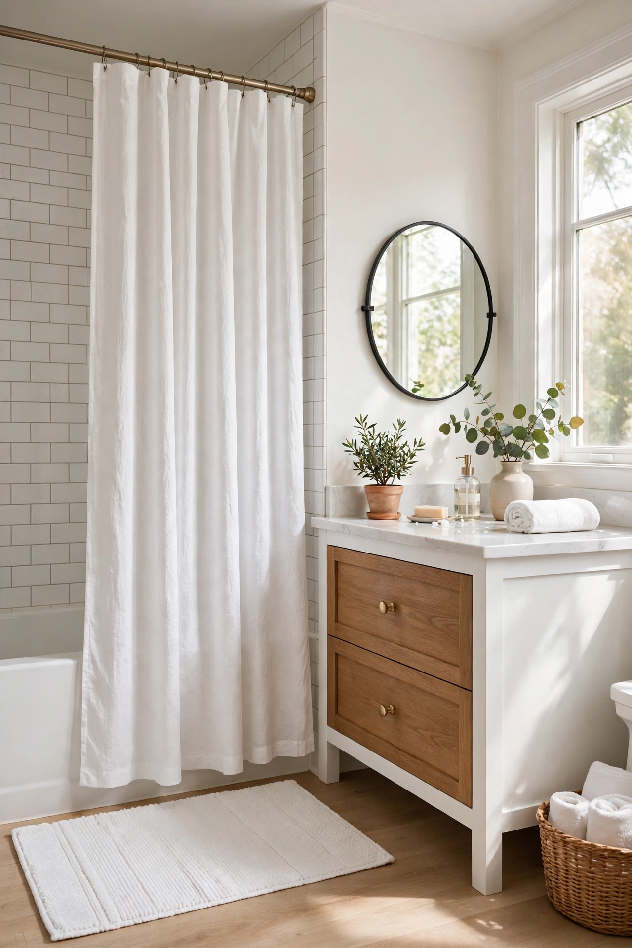 Bathroom makeover with a new shower curtain and bath mat