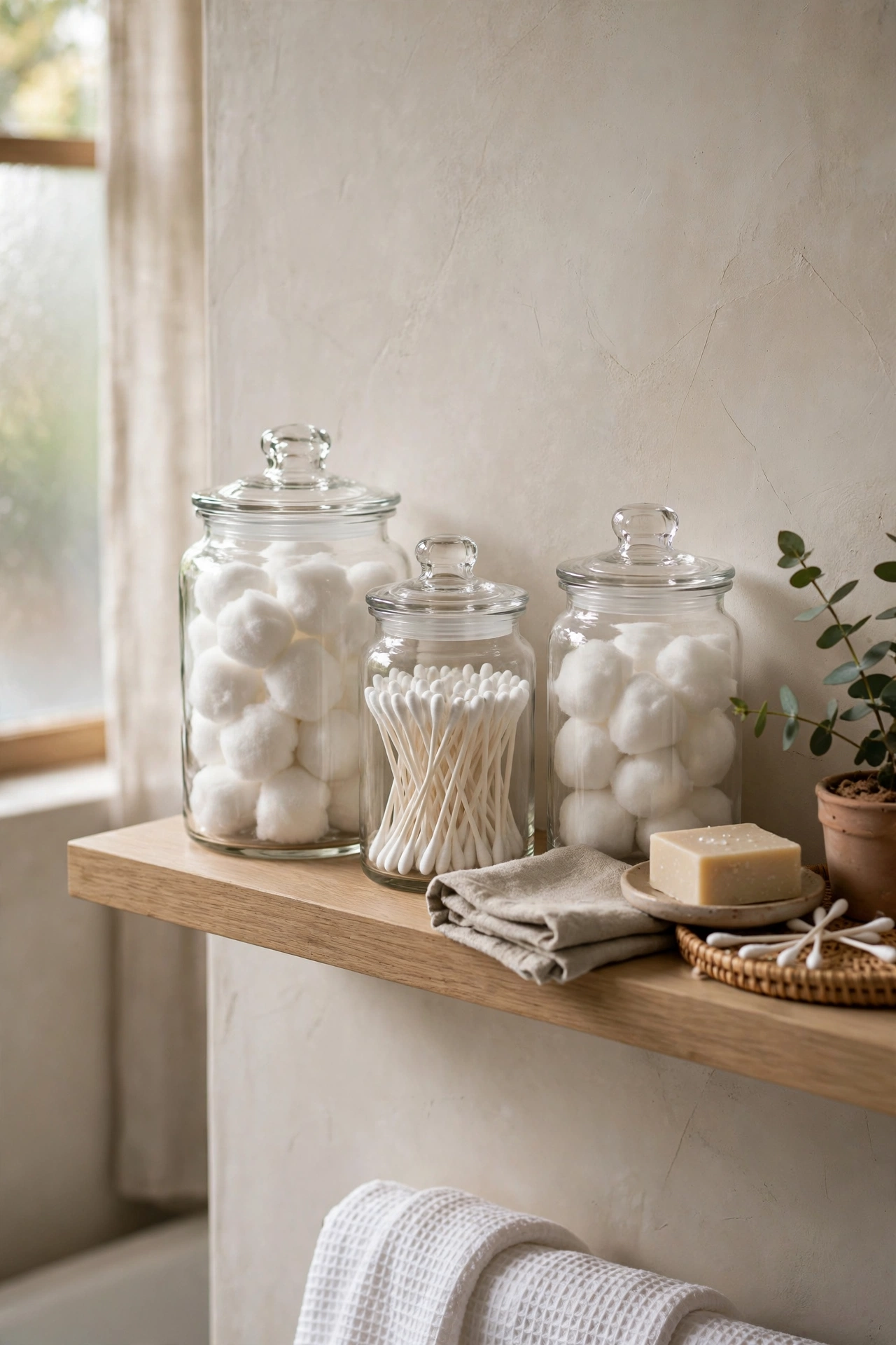 Bathroom organization with clear jars for small items