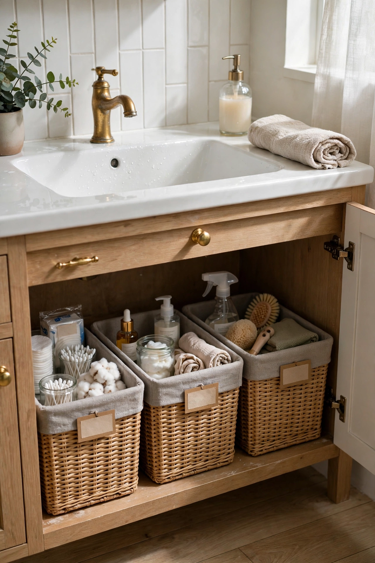 Bathroom organization with labeled storage bins