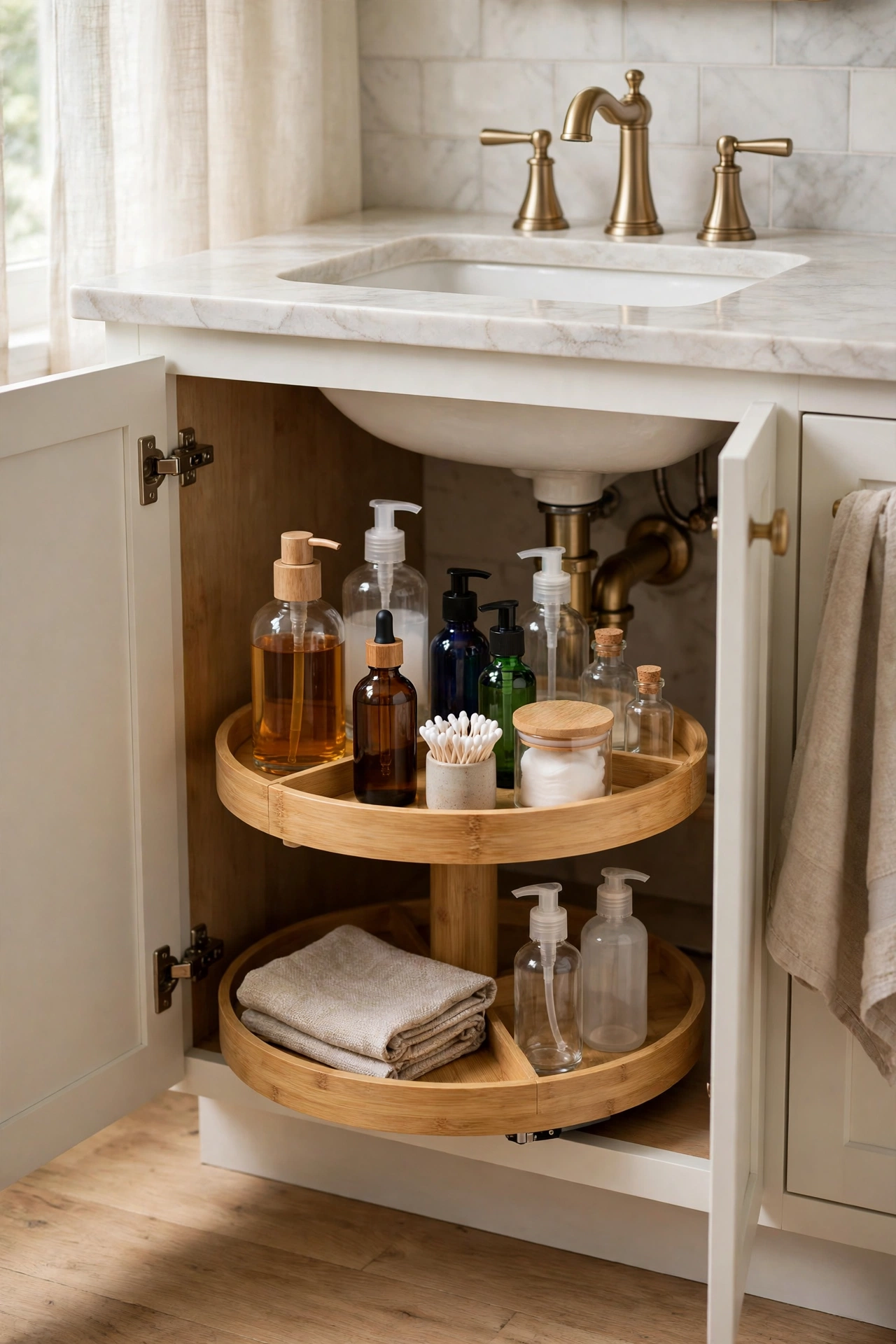 Bathroom organization with a lazy susan under the sink