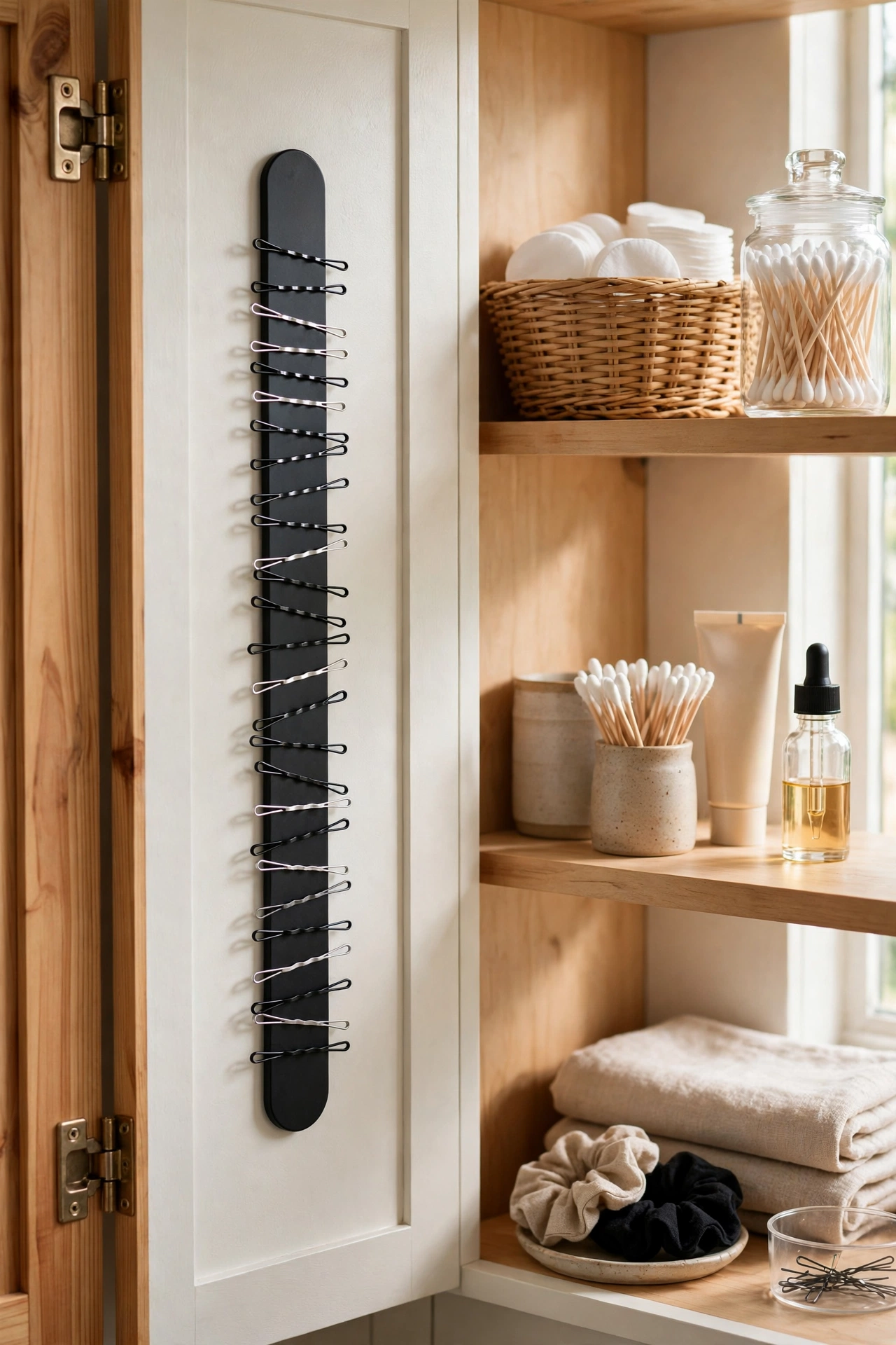 Bathroom organization with a magnetic strip for bobby pins