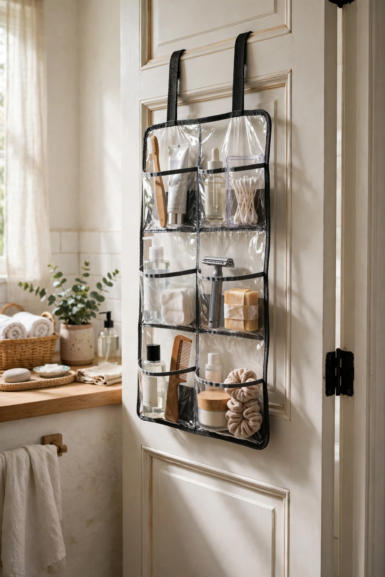 Bathroom organization with an over-the-door organizer