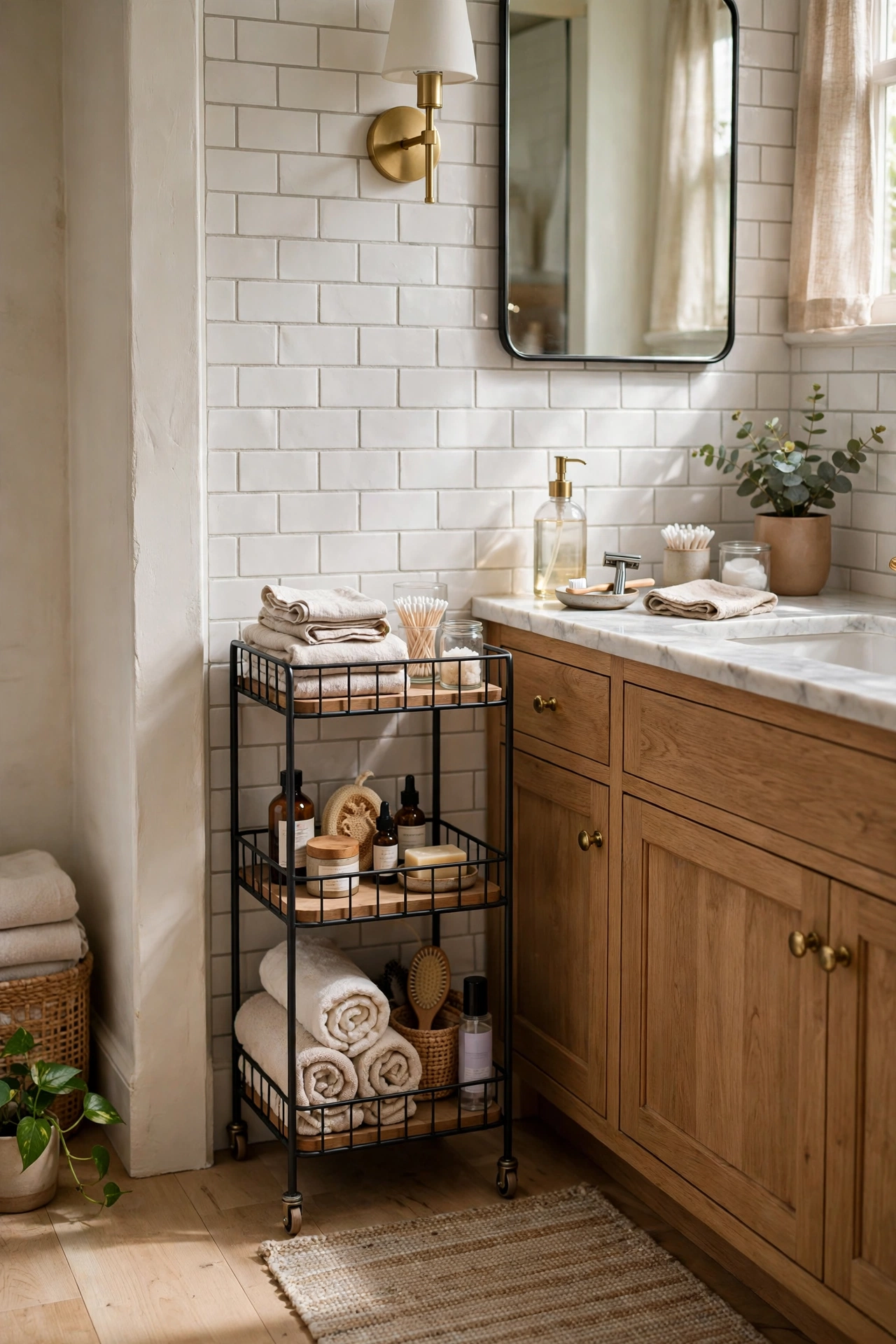 Bathroom organization with a rolling cart for small bathrooms
