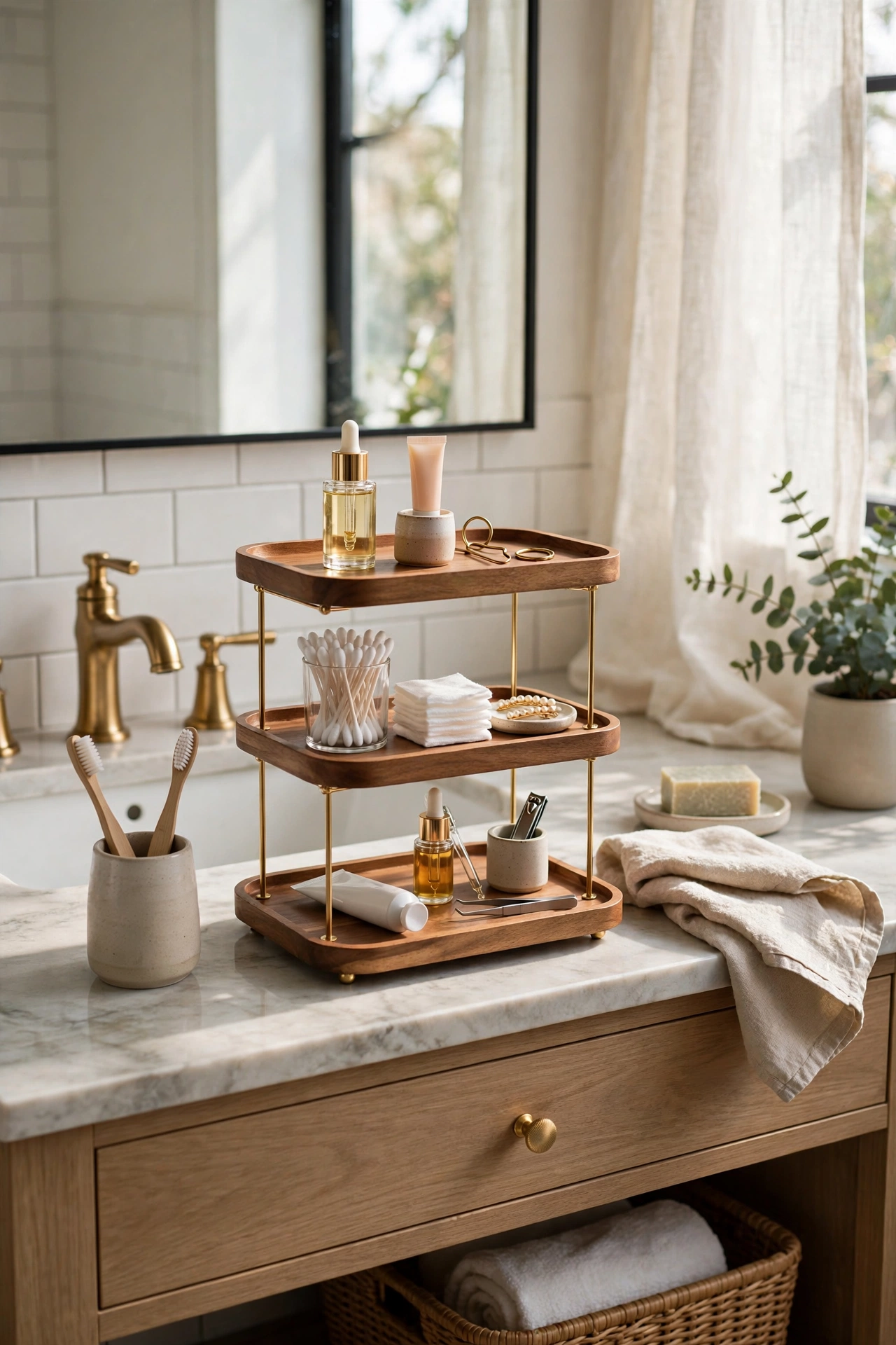 Bathroom organization with a tiered tray on the counter