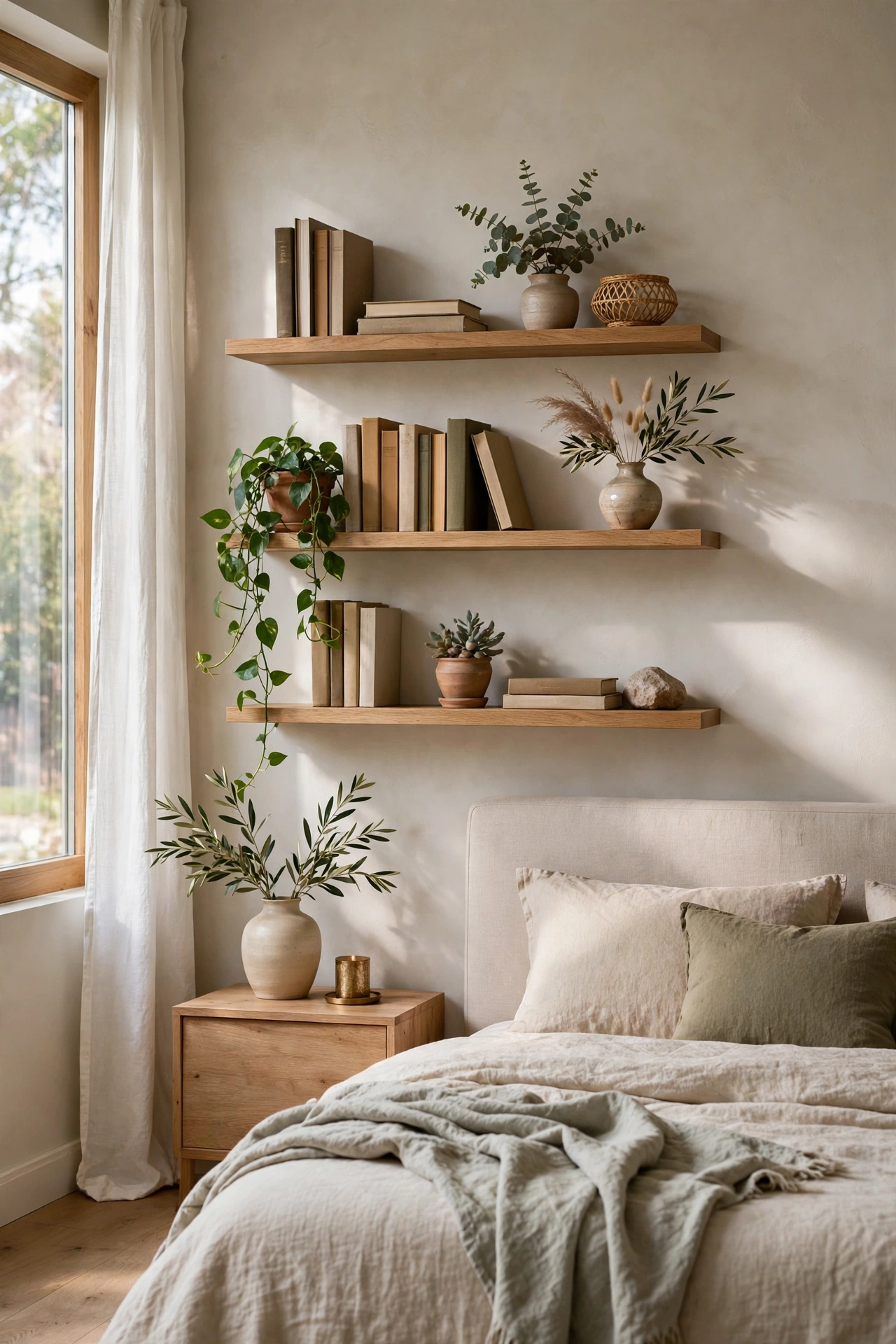 Bedroom makeover with floating shelves