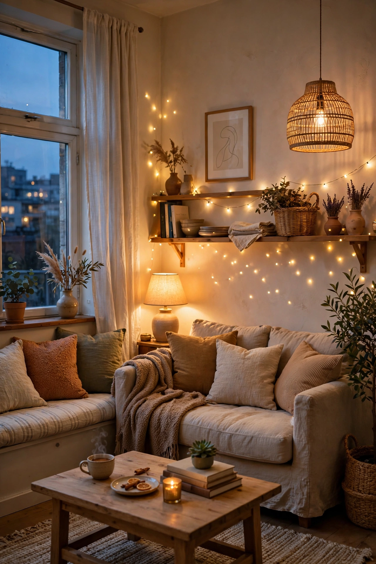 Cozy apartment with warm lighting