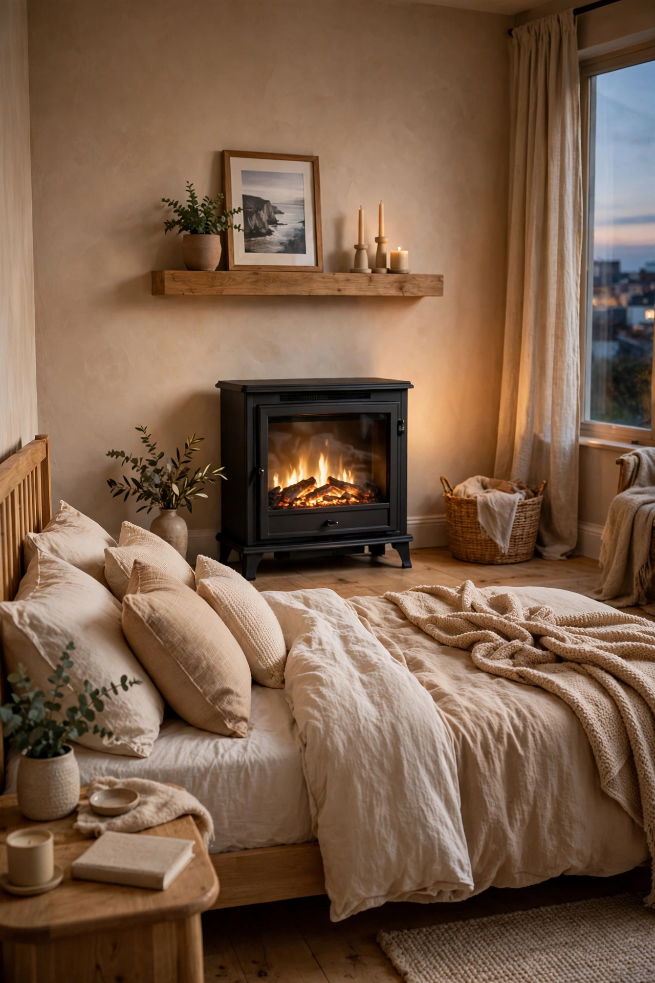 Cozy bedroom with a faux fireplace as a focal point