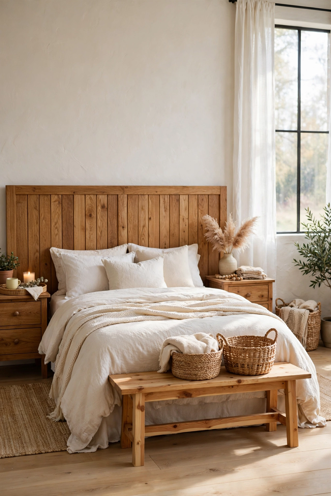 Cozy bedroom with natural wood accents and warm textures