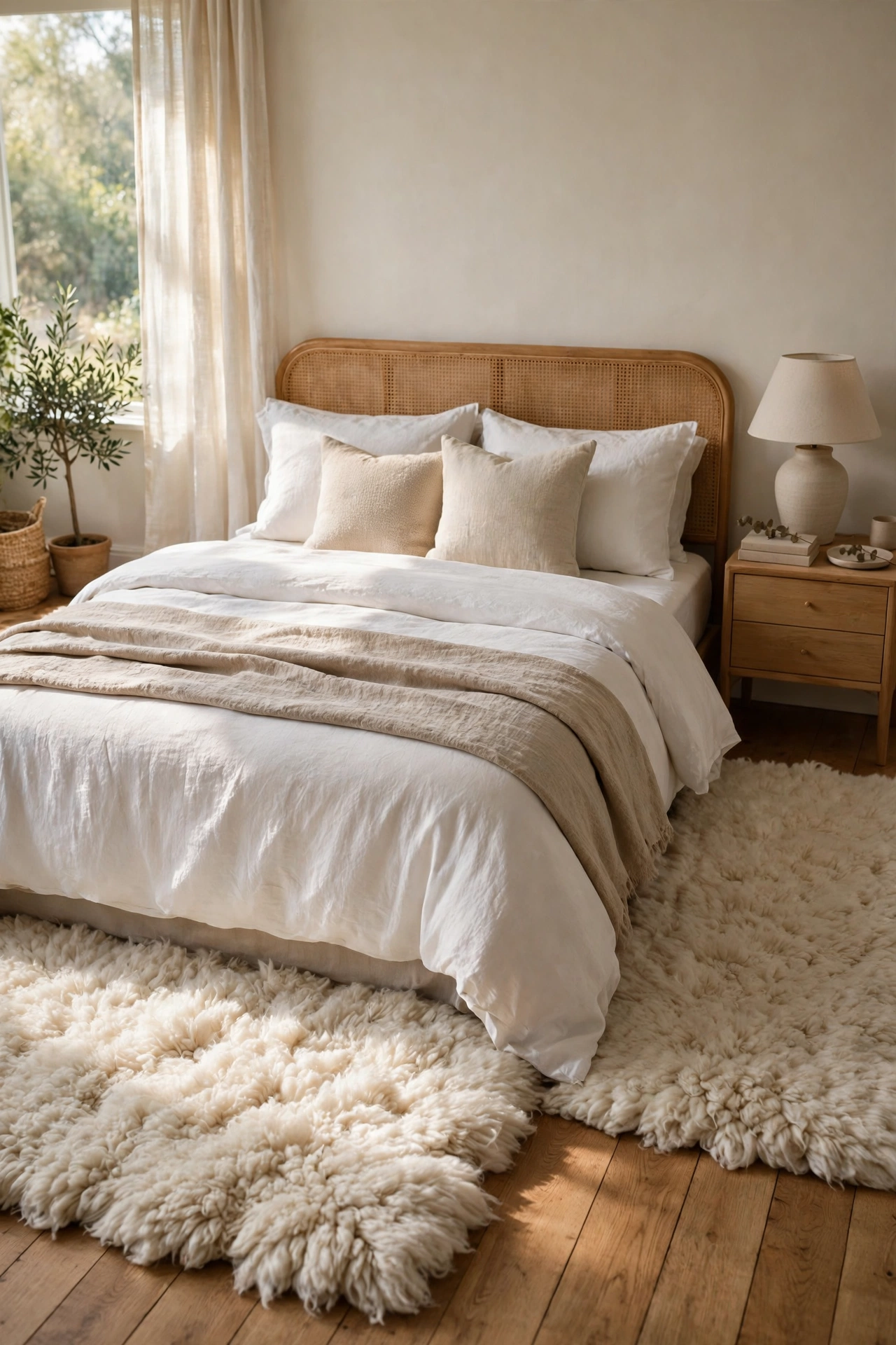 Cozy bedroom with a plush area rug beside the bed