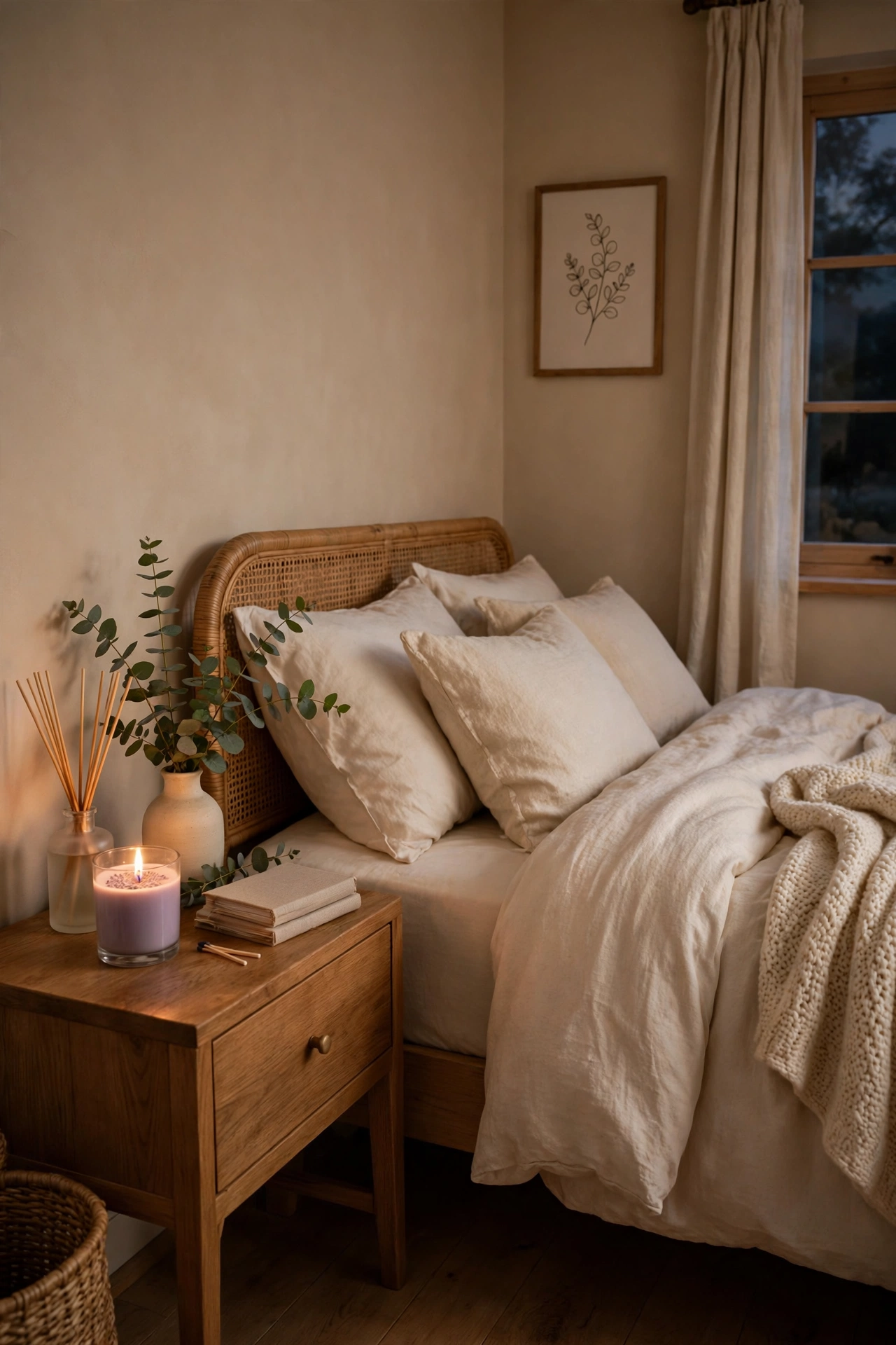 Cozy bedroom with scented candles and calming atmosphere