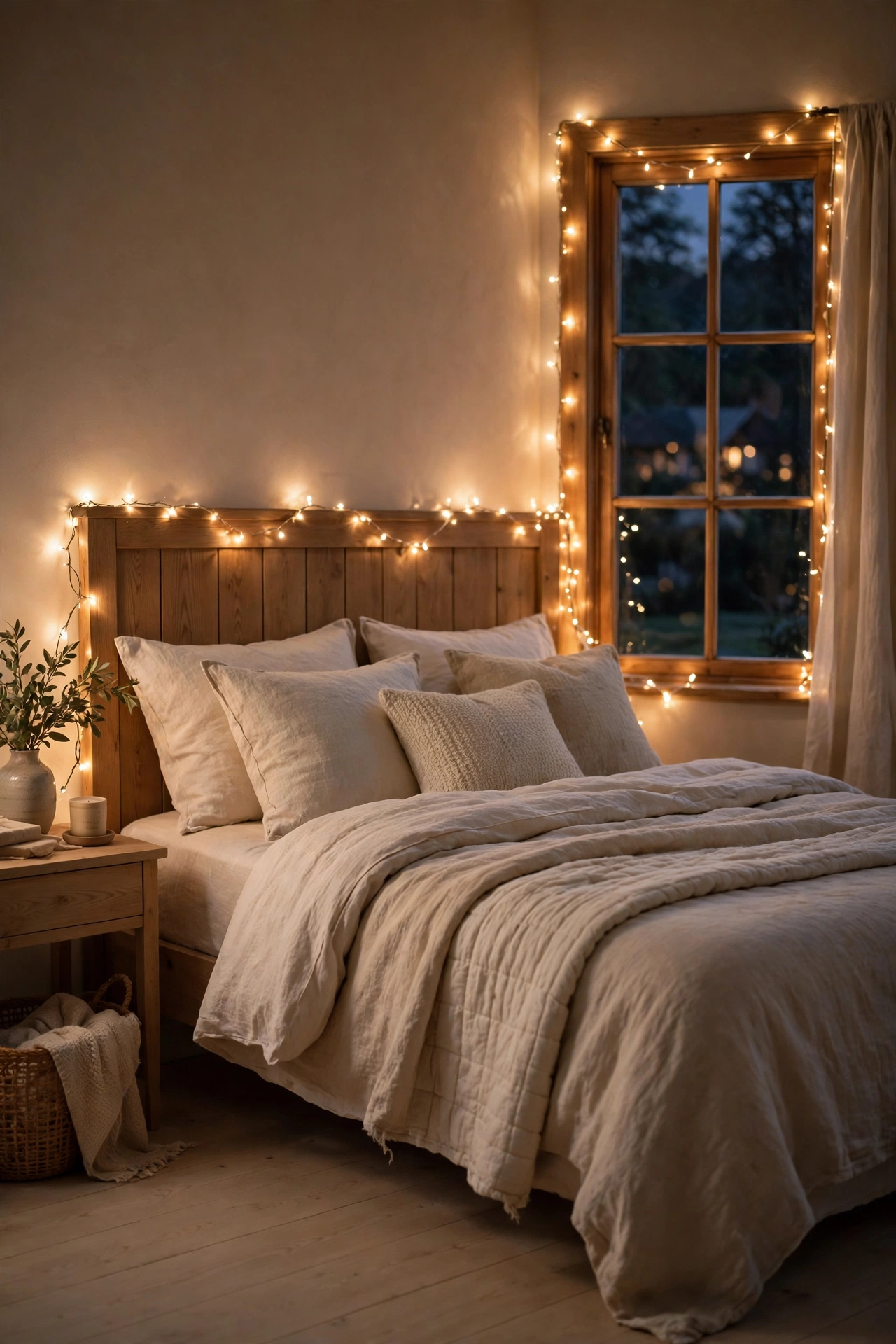 Cozy bedroom with soft fairy lights in the evening