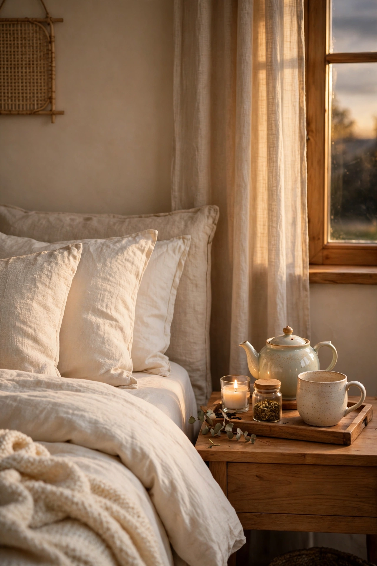 Cozy bedroom with a tea station on the nightstand