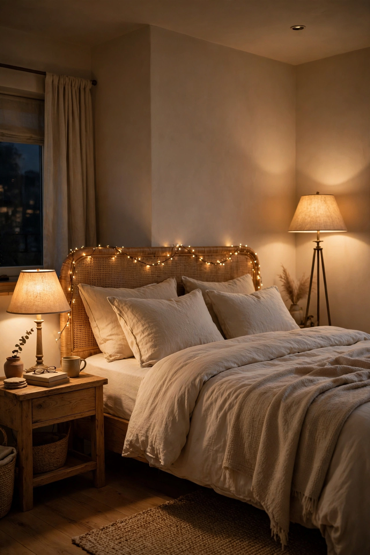 Cozy bedroom with warm ambient lighting and dimmers