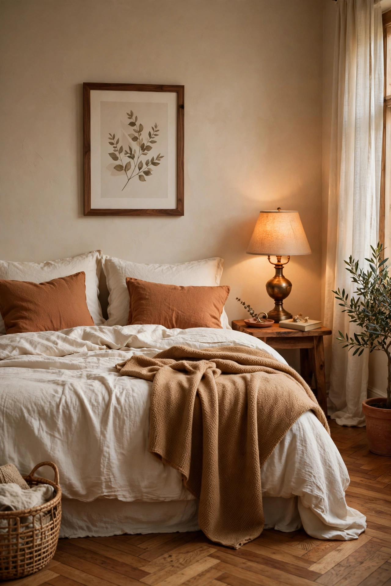Cozy bedroom with a warm neutral color palette