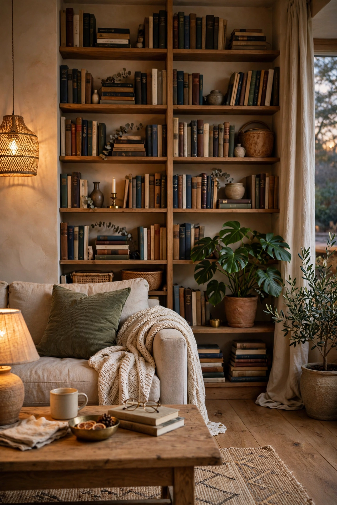 Cozy living room with bookshelves full of books