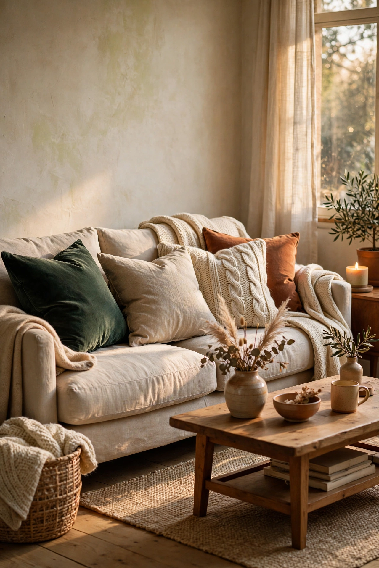 Cozy living room with layered cushions