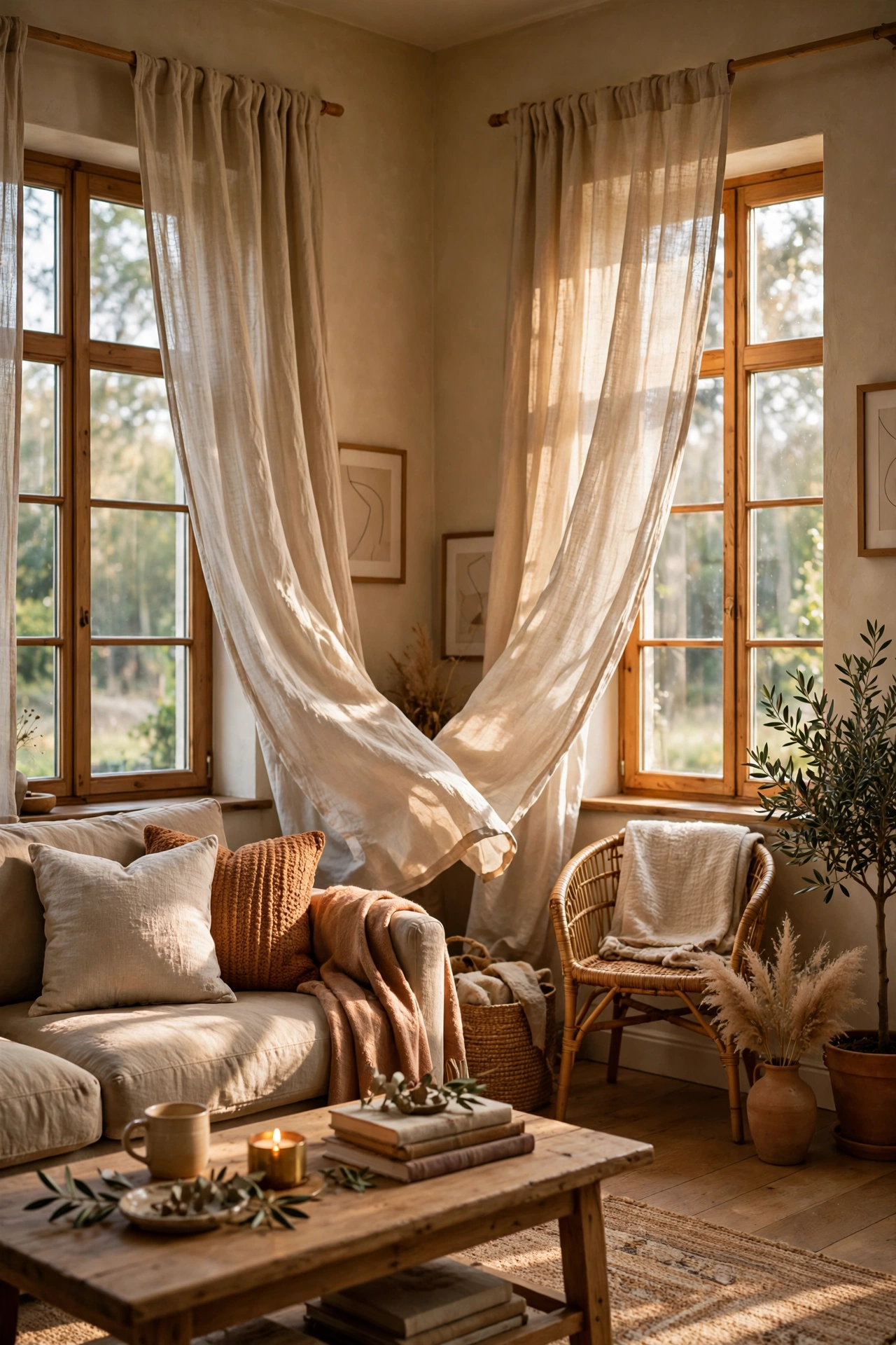 Cozy living room with soft curtains