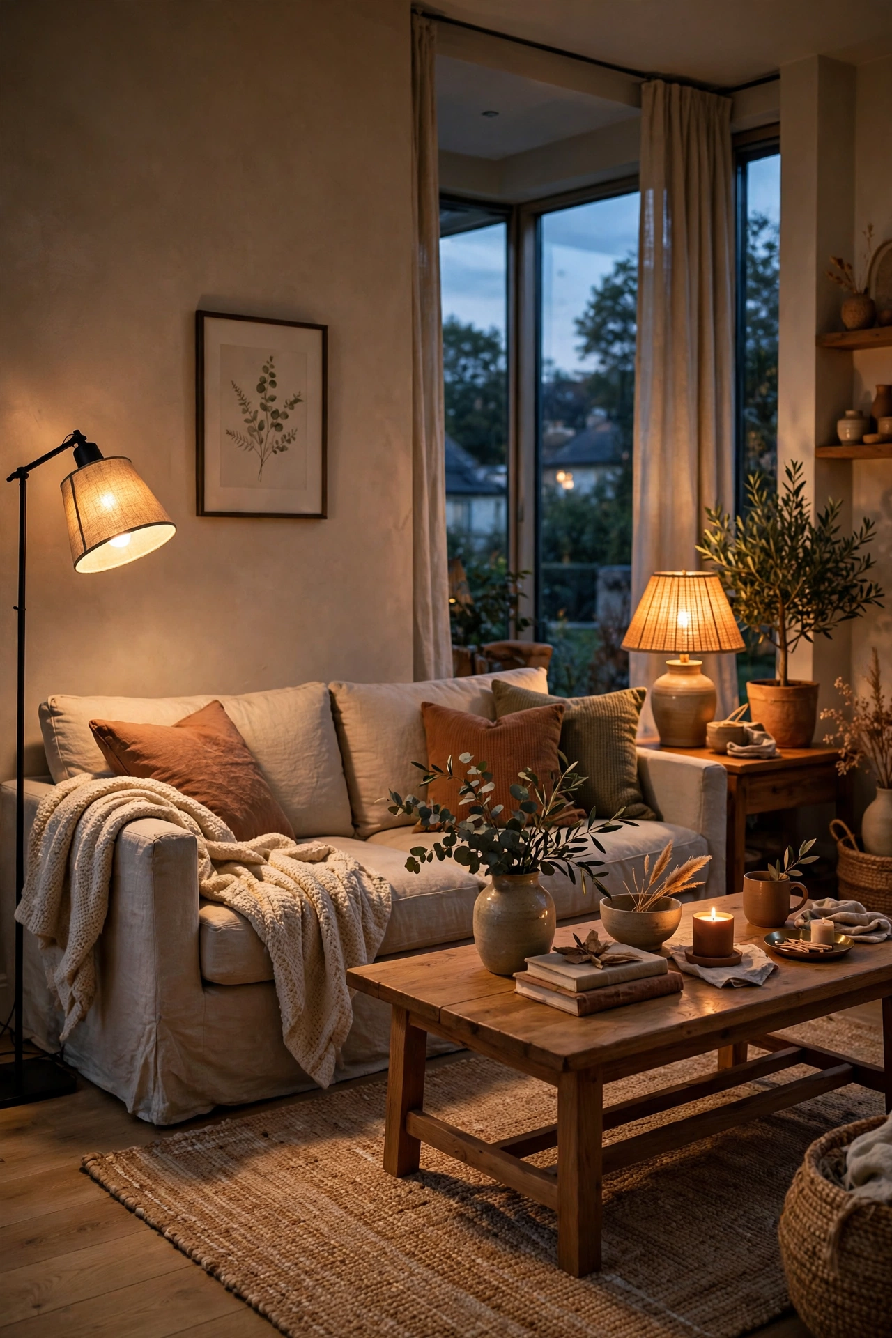 Cozy living room with warm ambient lighting