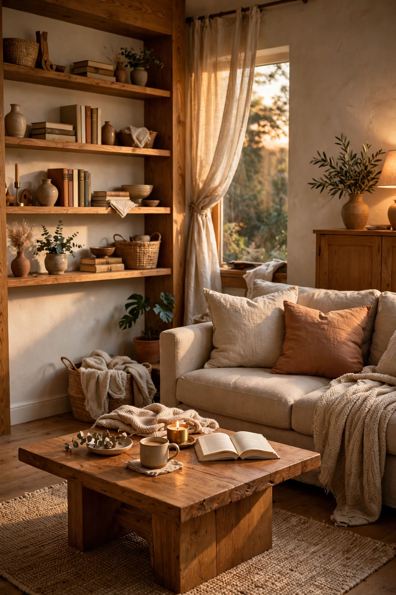 Cozy living room with warm wood accents