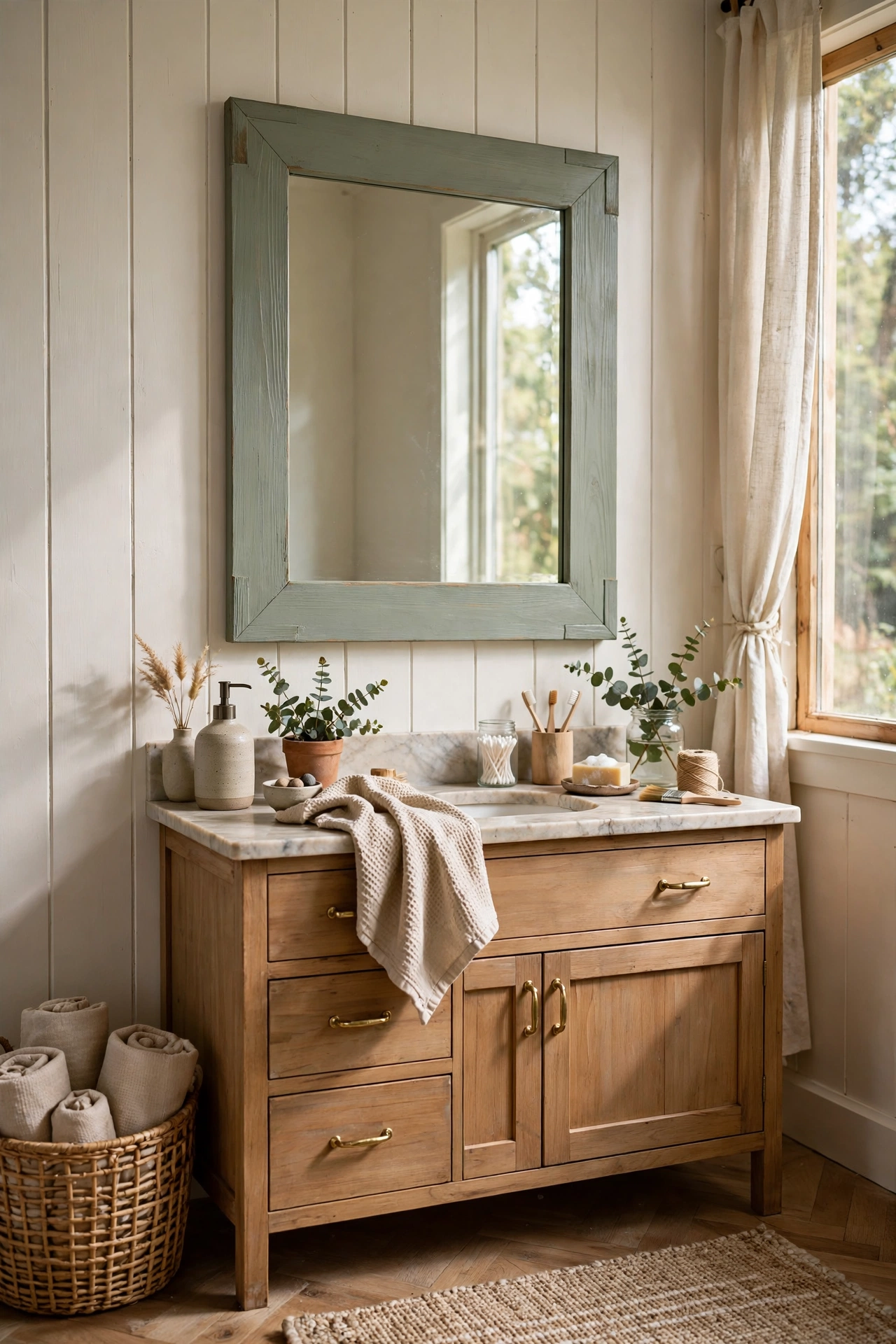DIY bathroom decor with a mirror frame with trim