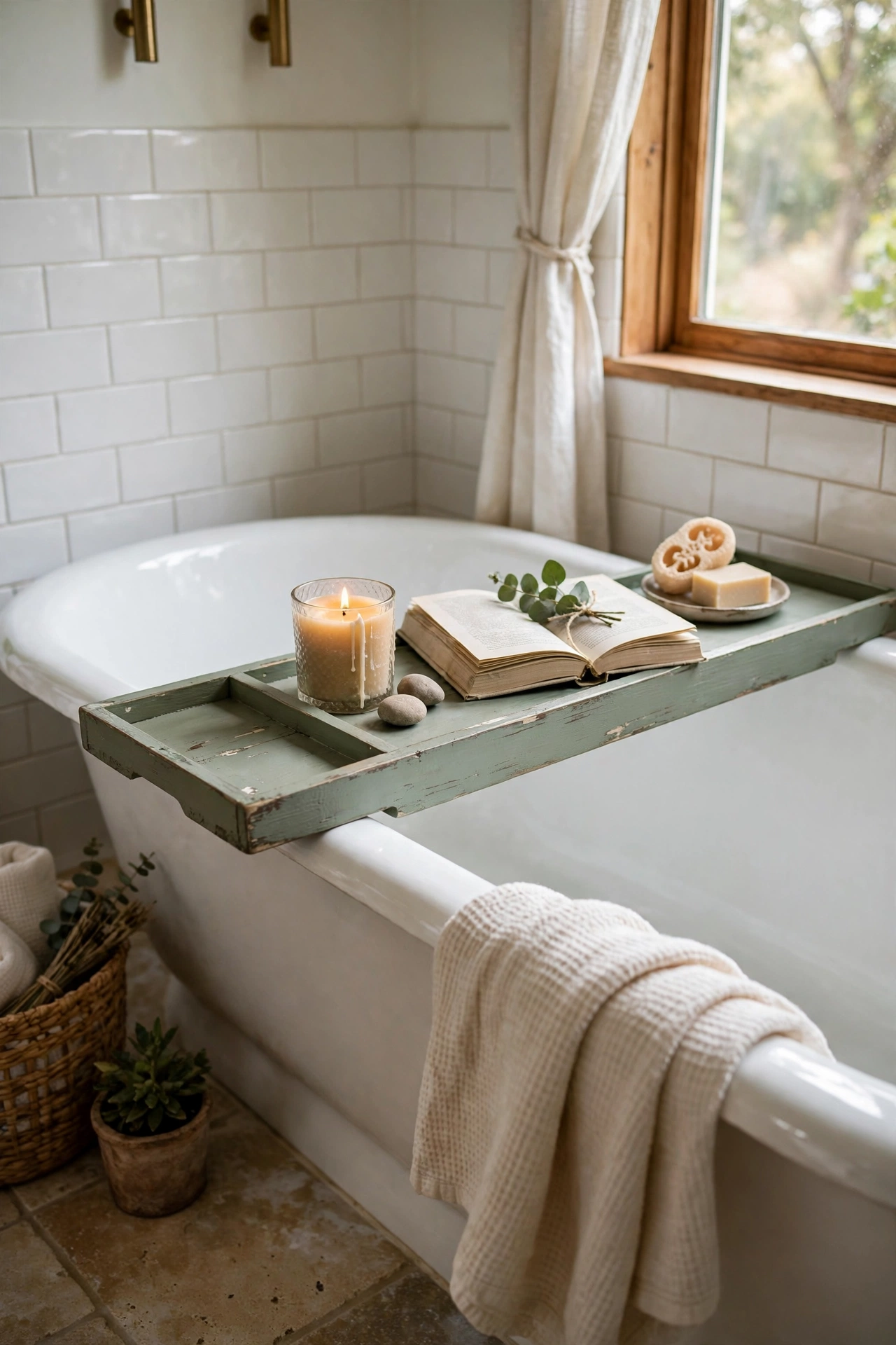 DIY bathroom decor with a painted wooden bath tray