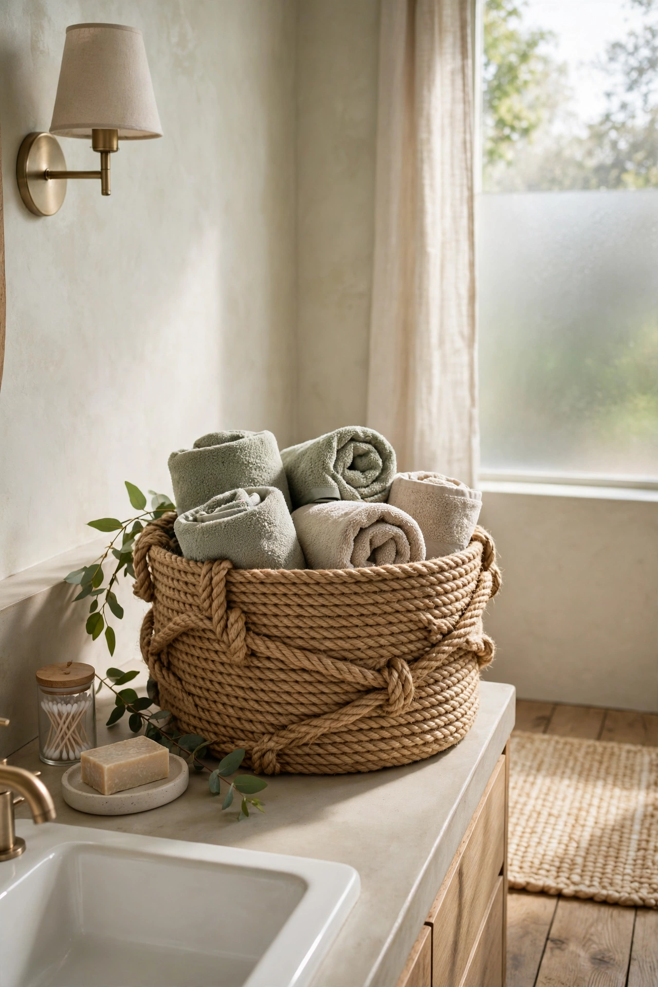 DIY bathroom decor with a rope-wrapped basket