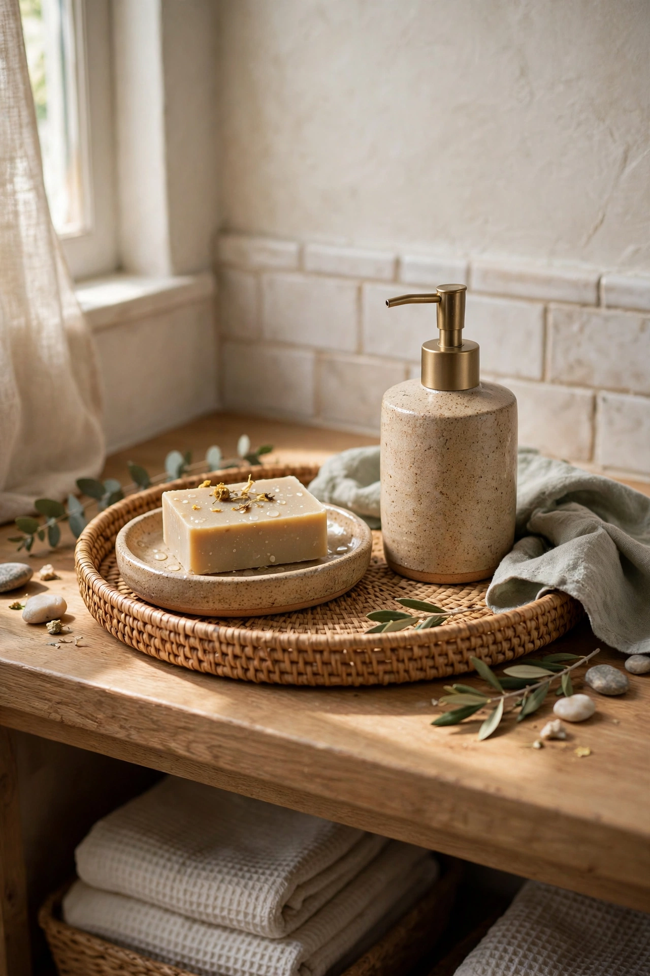 DIY bathroom decor with a handmade soap dish and dispenser set