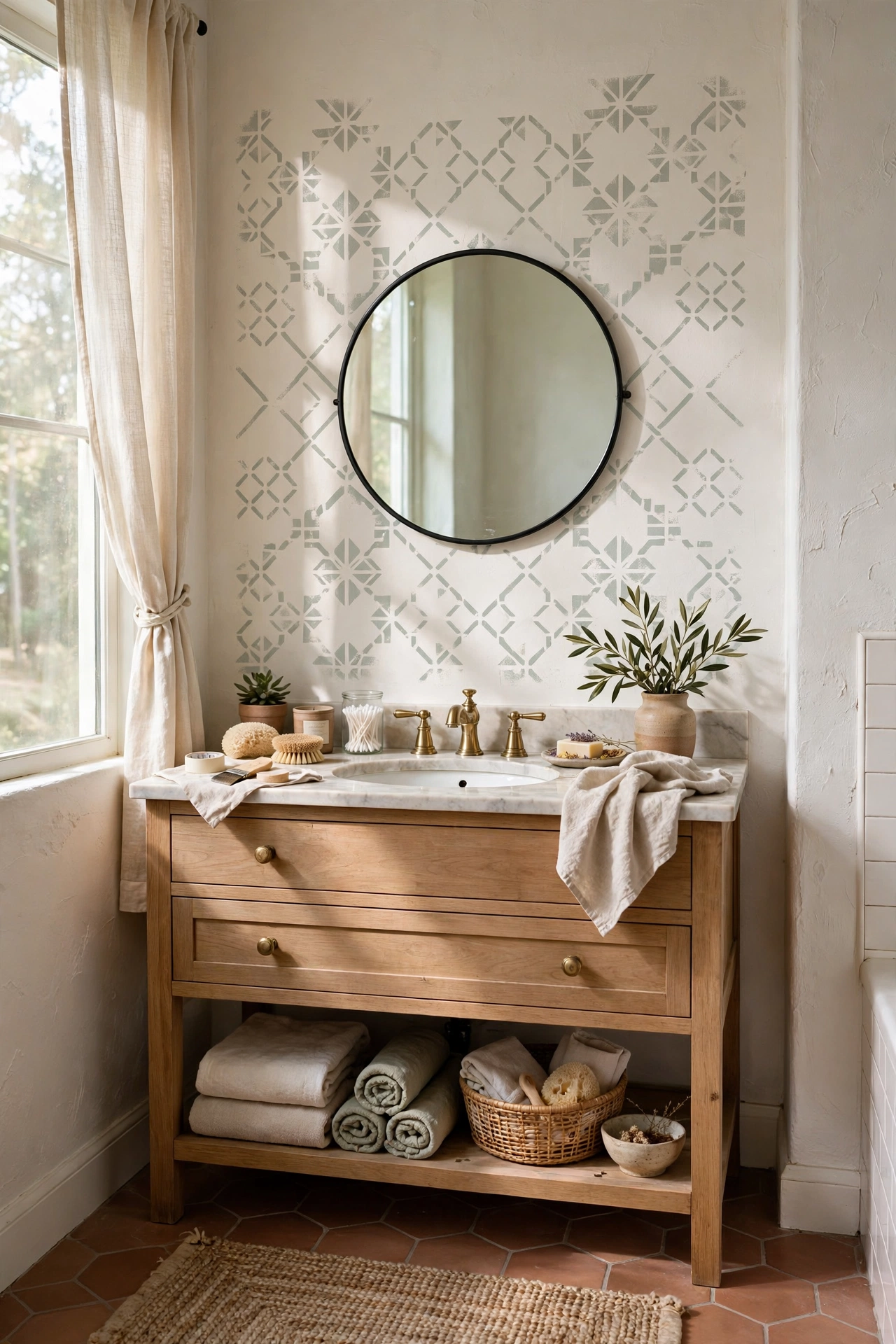 DIY bathroom decor with a stenciled accent wall