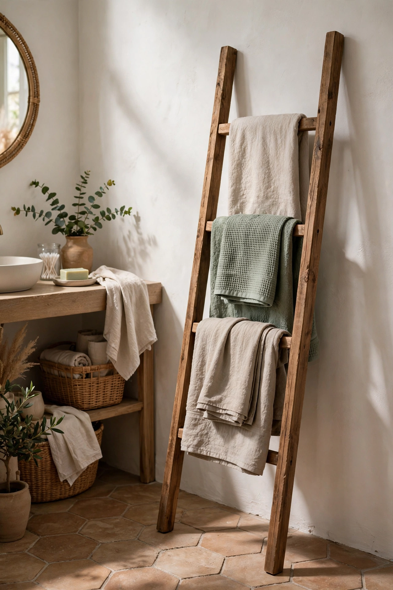 DIY bathroom decor with a towel ladder