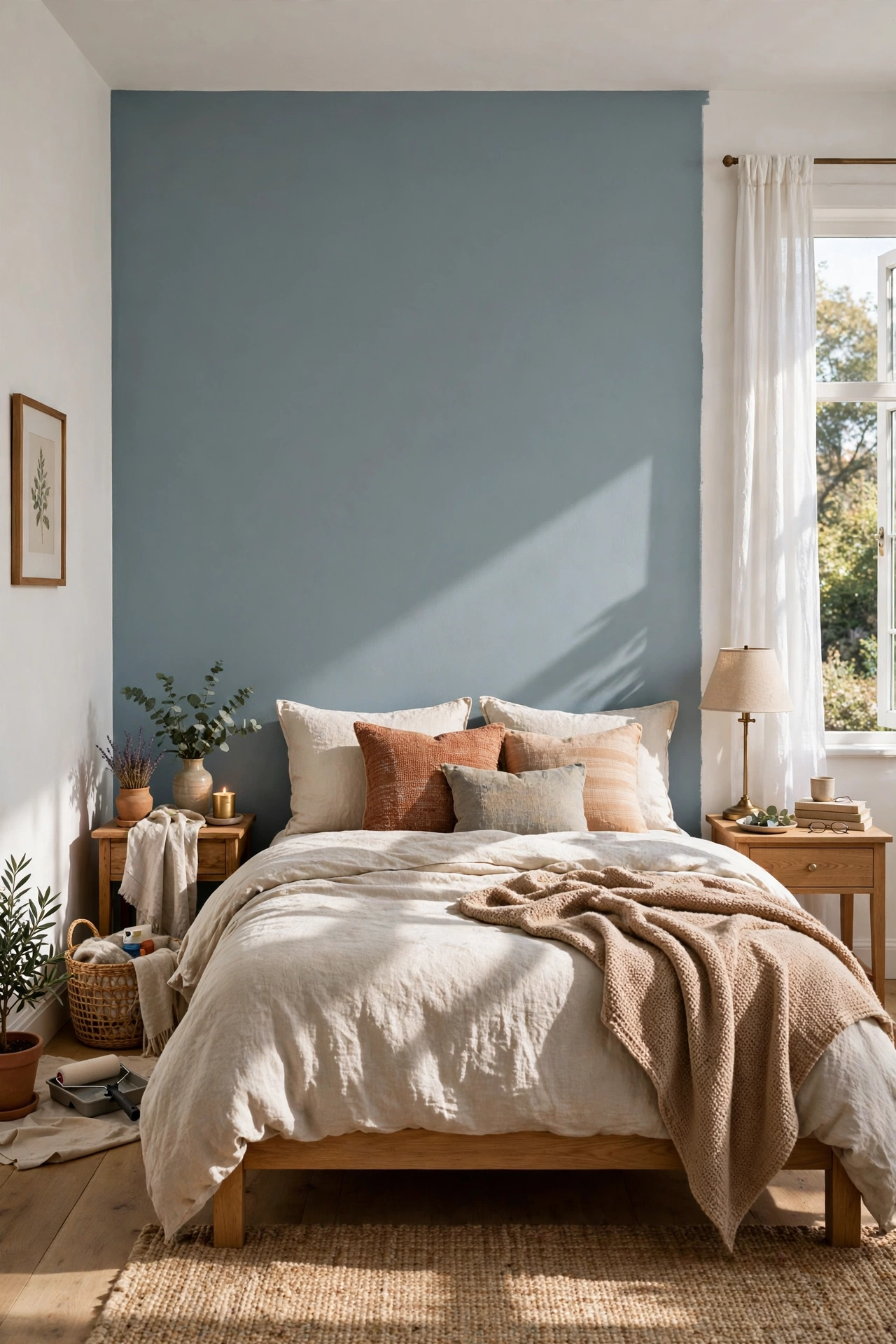 DIY bedroom with a hand-painted accent wall