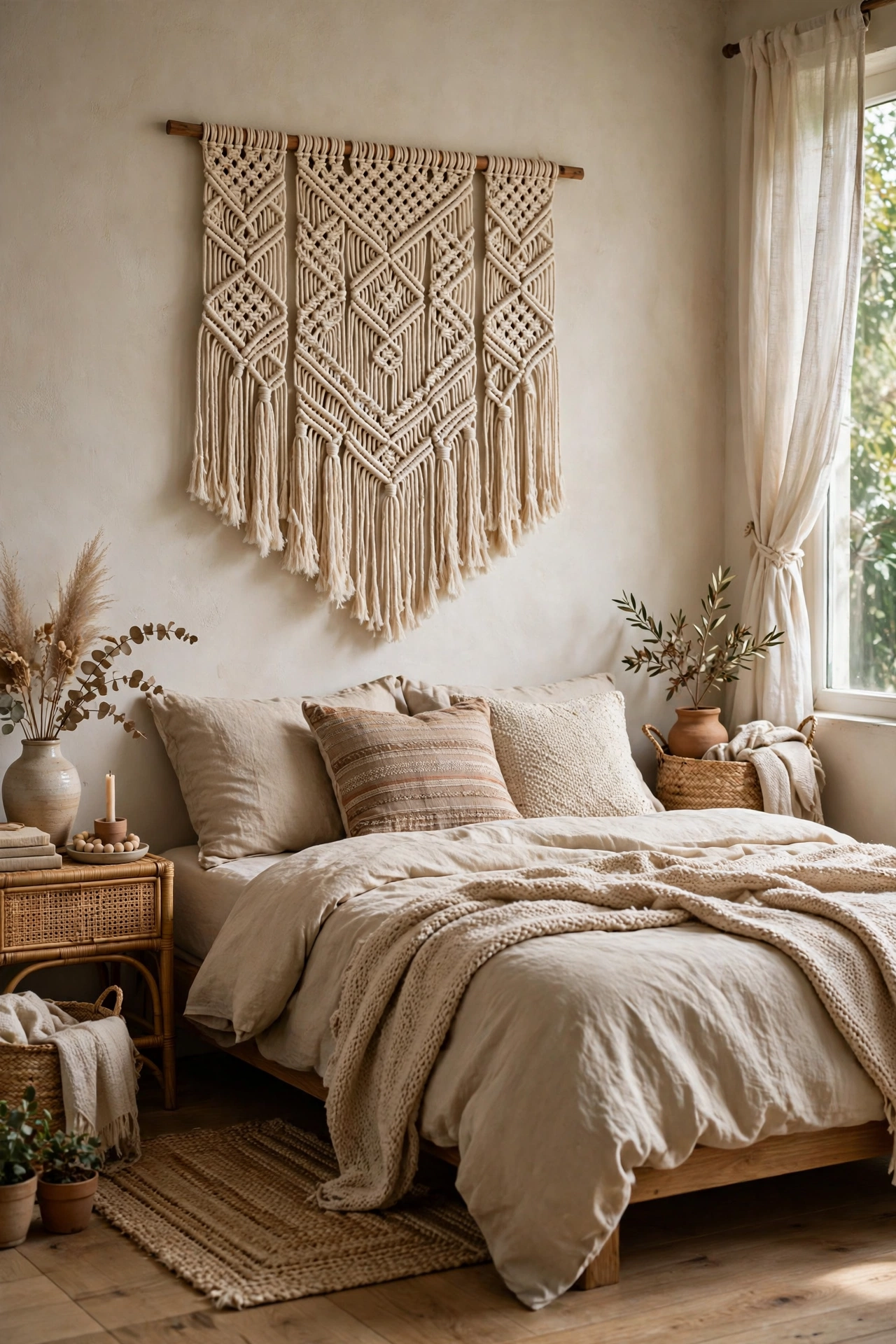 DIY bedroom with a handmade macramé wall hanging