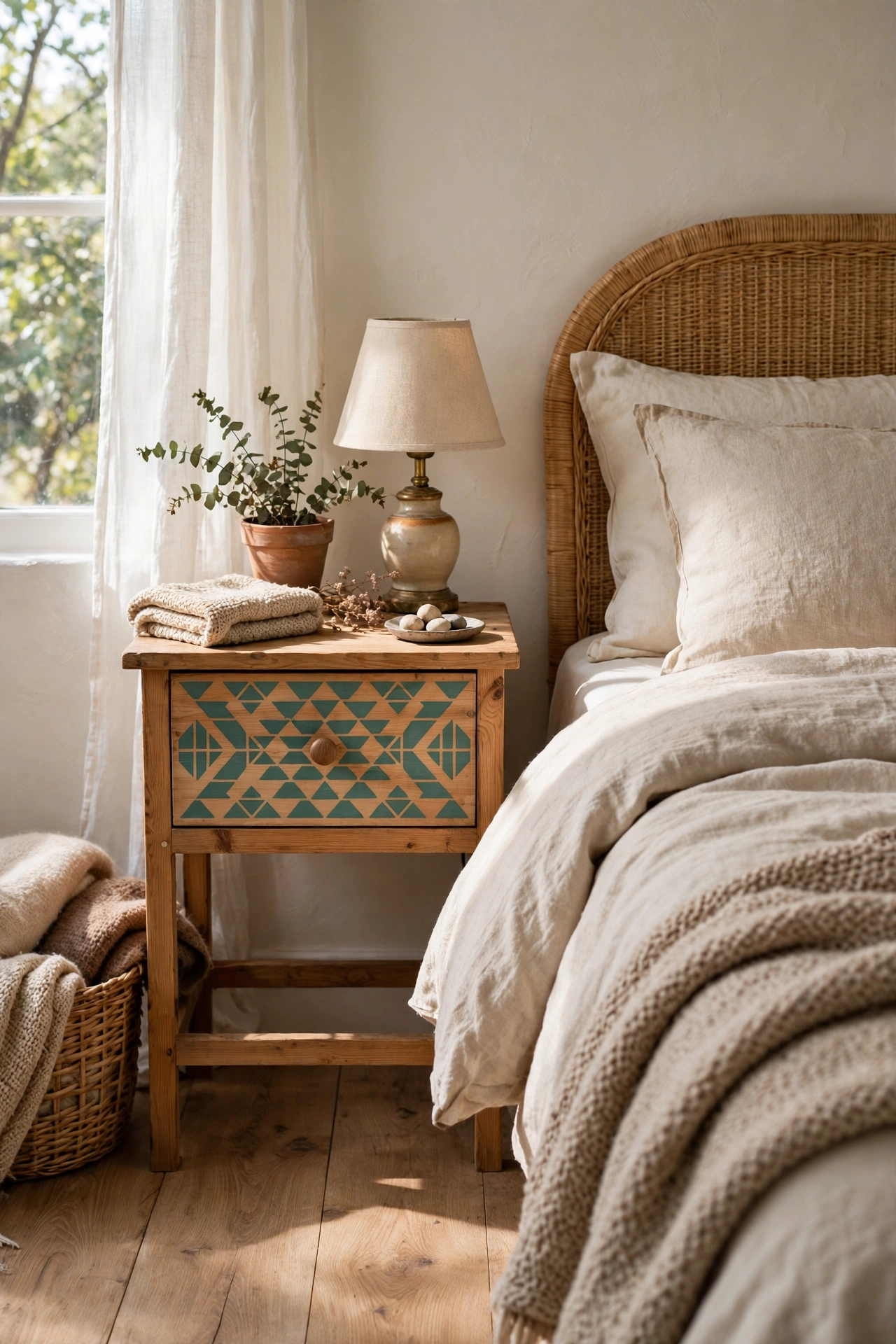 DIY bedroom with a stenciled bedside table
