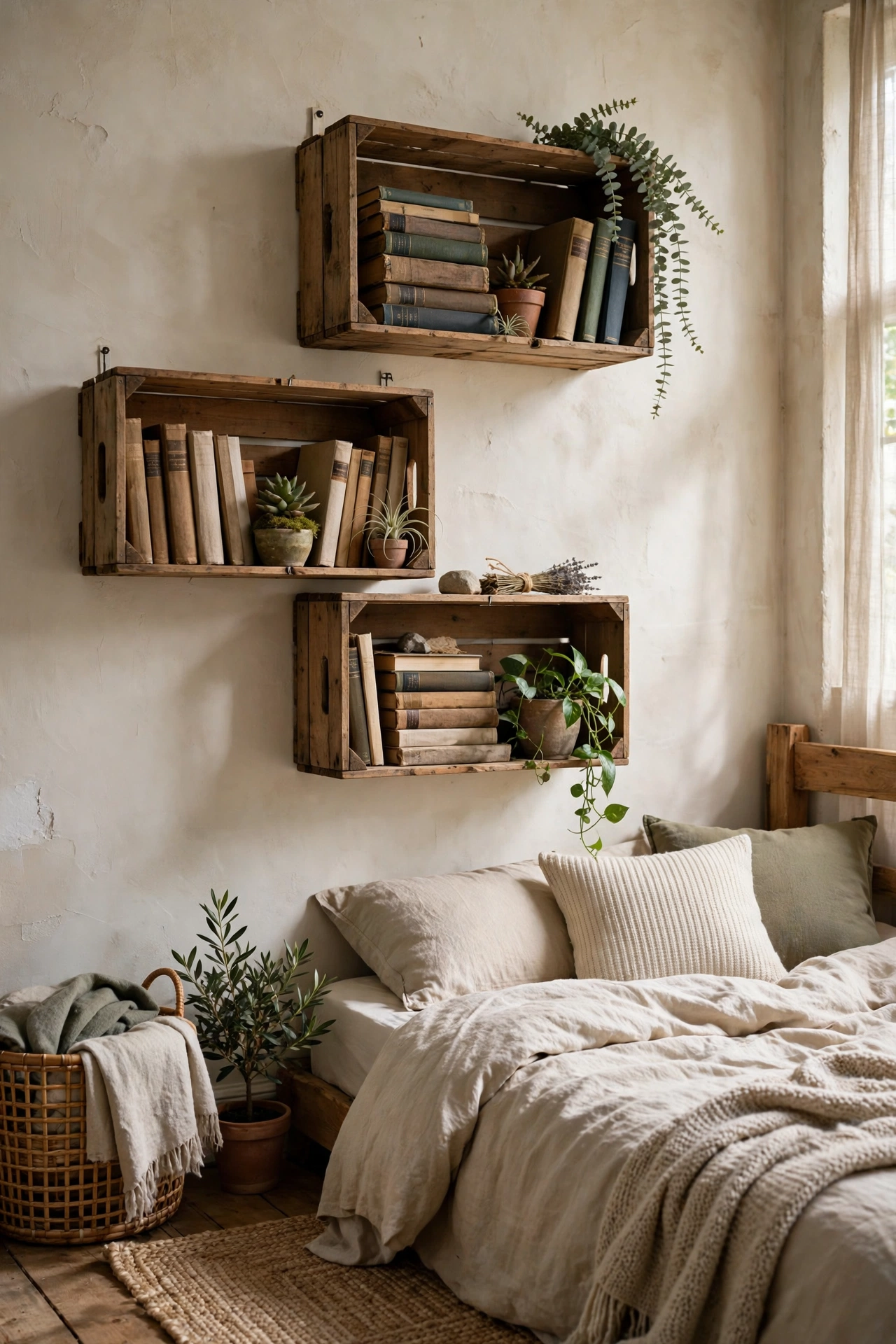 DIY bedroom with repurposed wooden crates as shelves