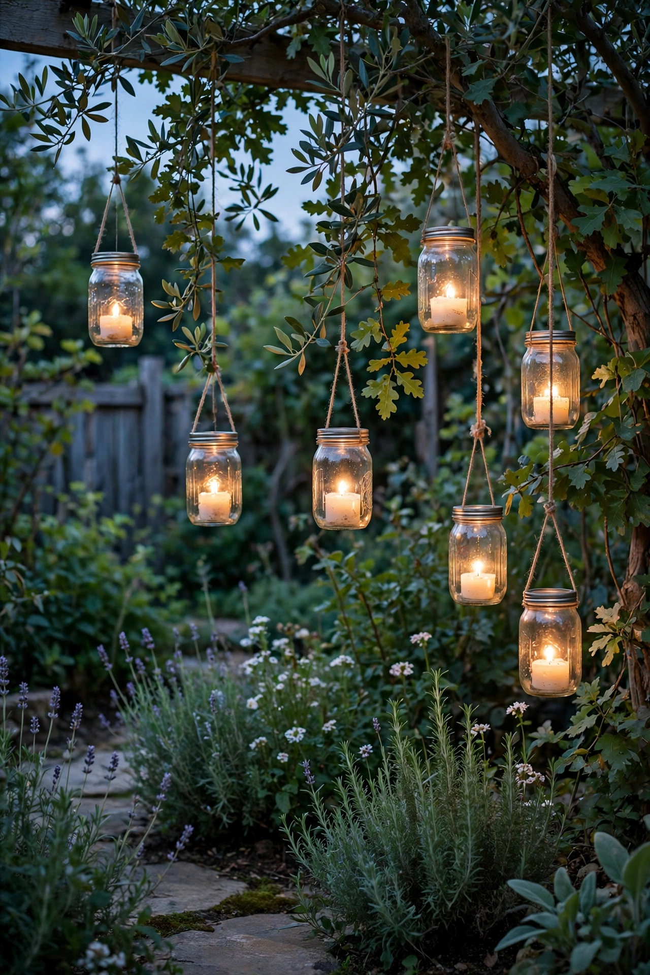 Garden with mason jar lanterns