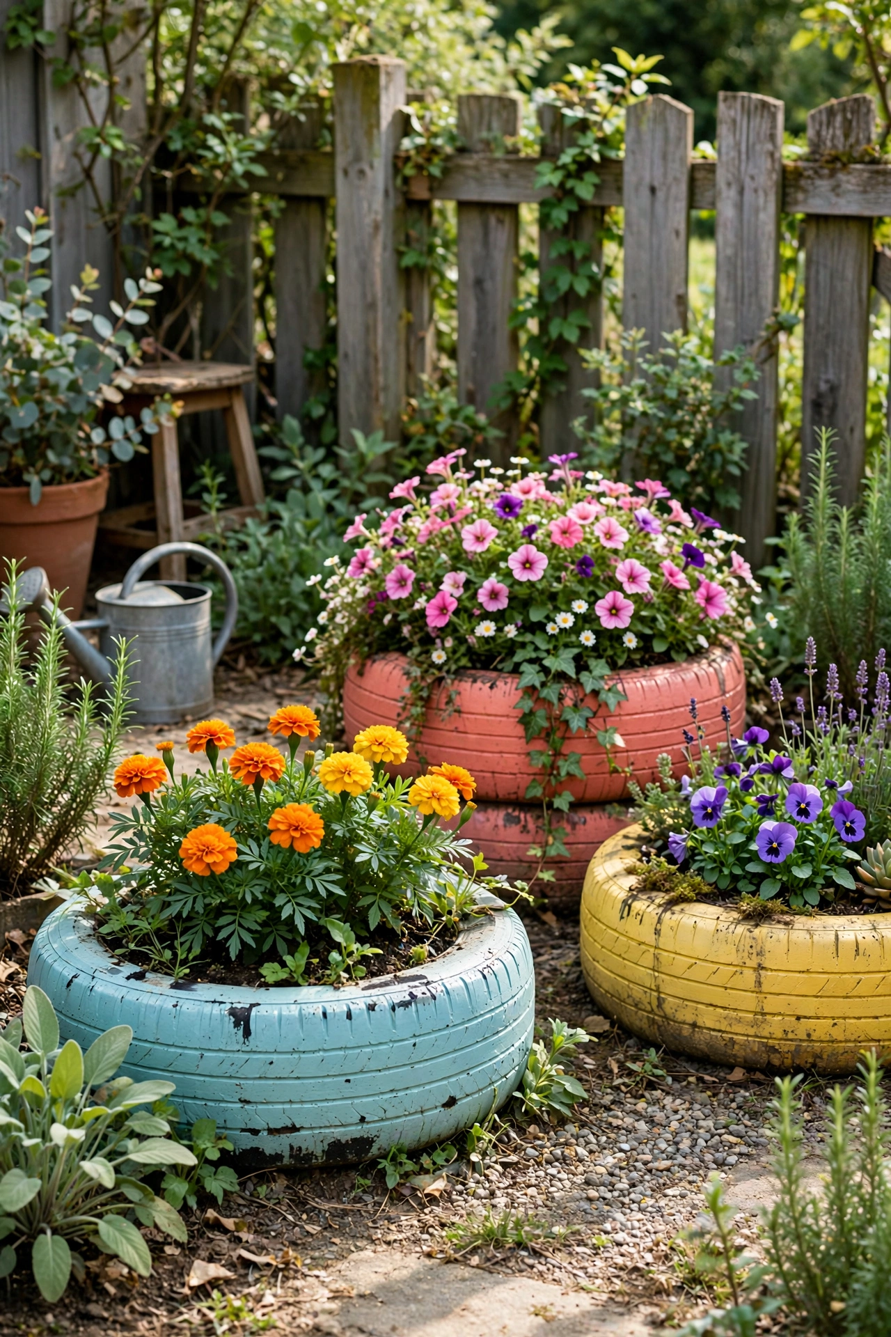 Garden with tire planters