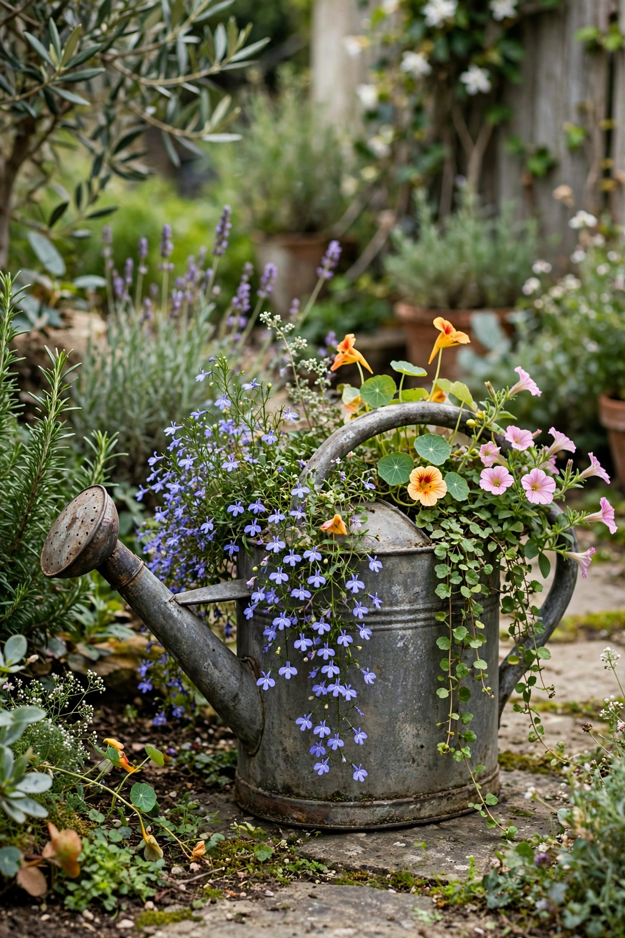 Garden with a watering can planter