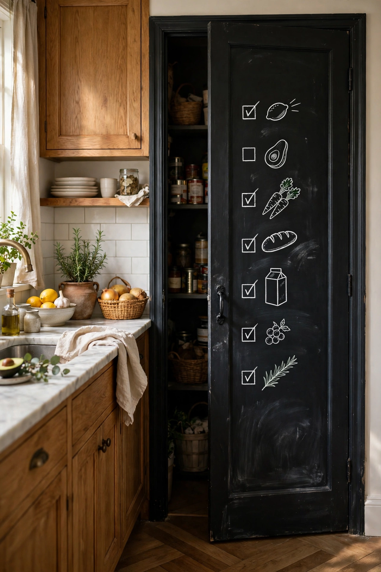 Kitchen with a chalkboard pantry door