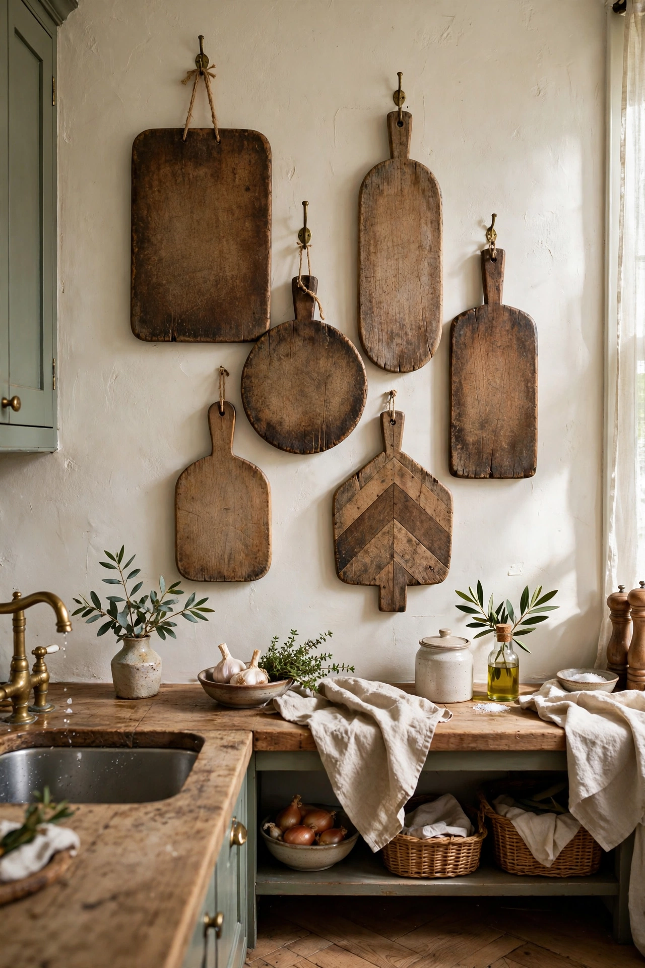 Kitchen with an upcycled cutting board display