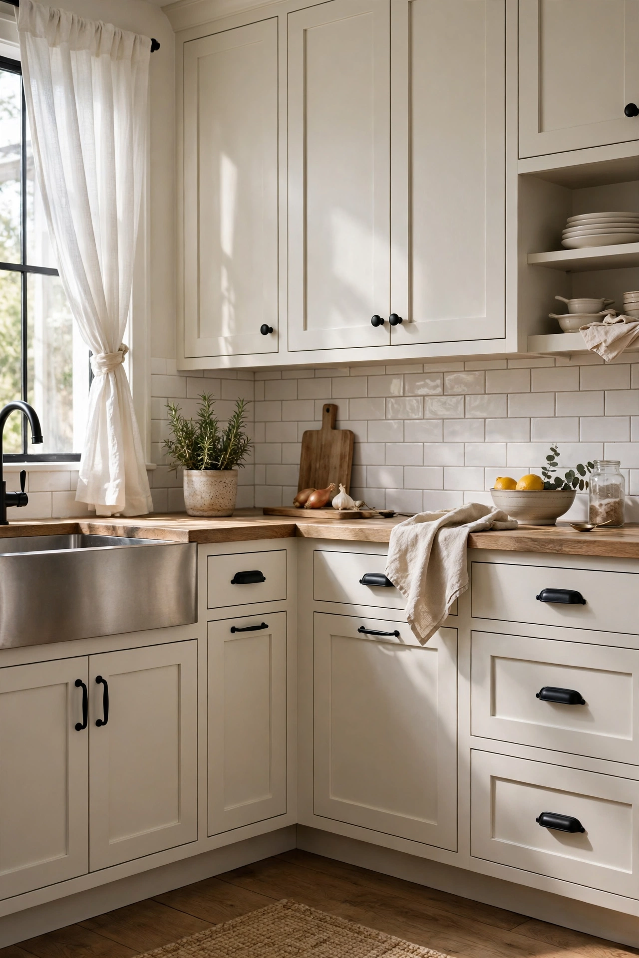 Kitchen with painted cabinet hardware