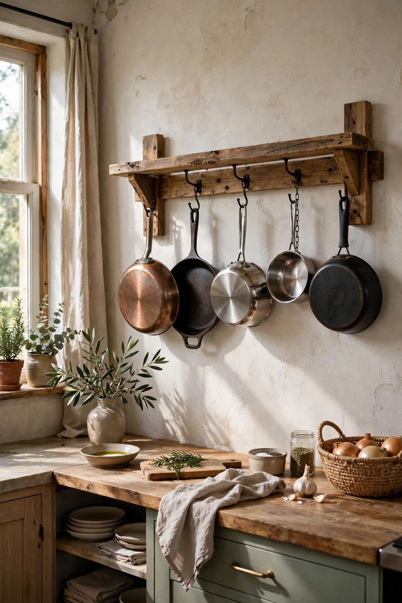 Kitchen with a DIY pot rack