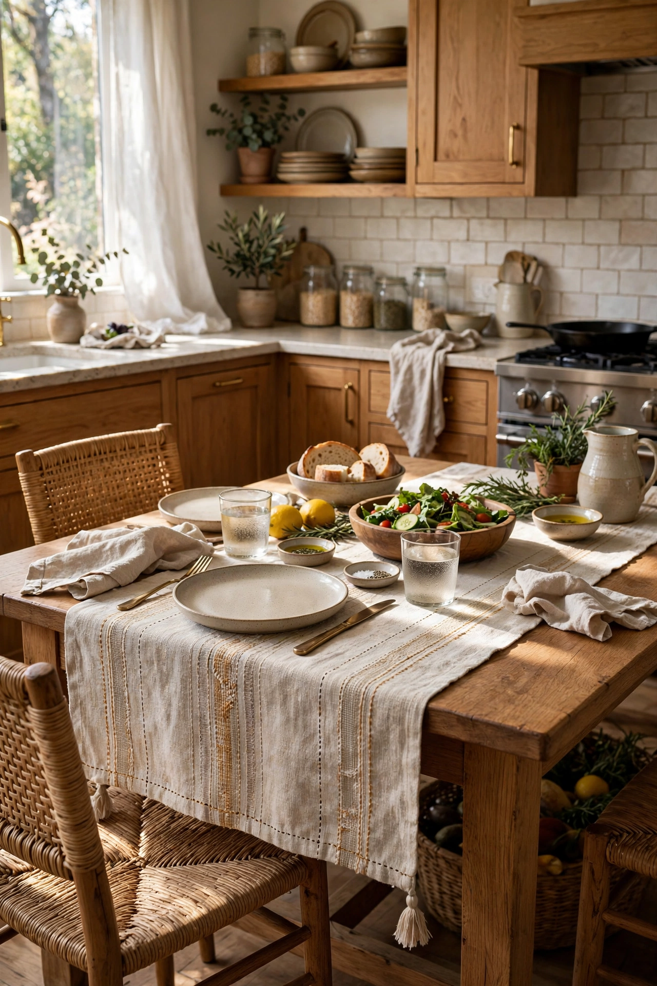 Kitchen with a handmade table runner