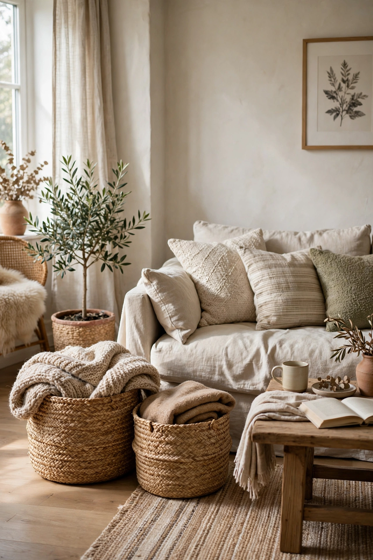 Living room with woven baskets