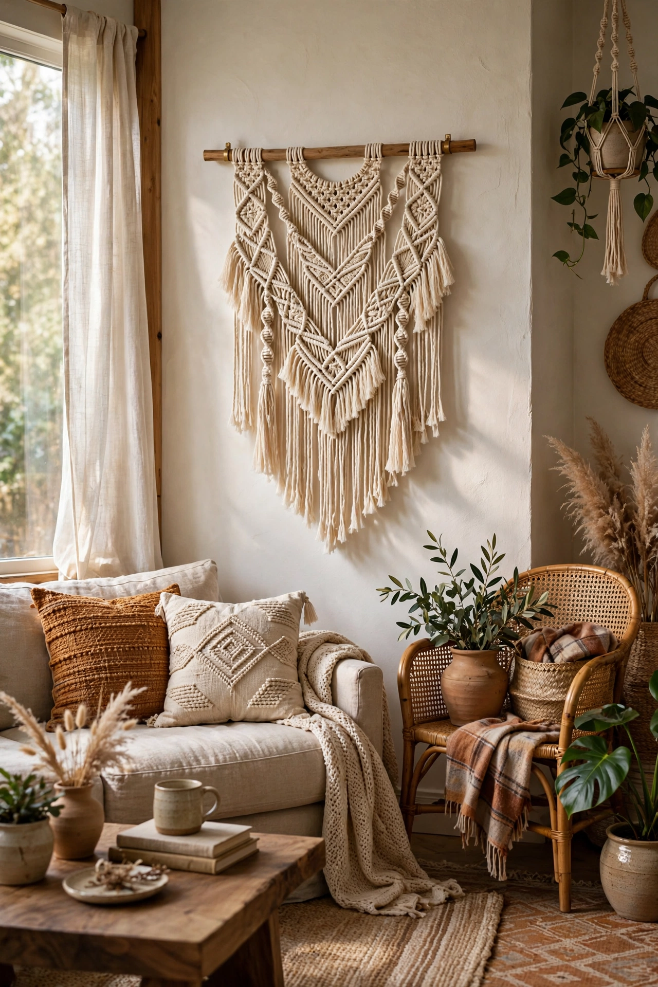 Living room with a macrame wall hanging