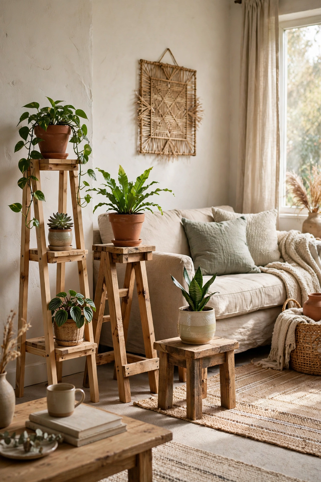 Living room with DIY plant stands