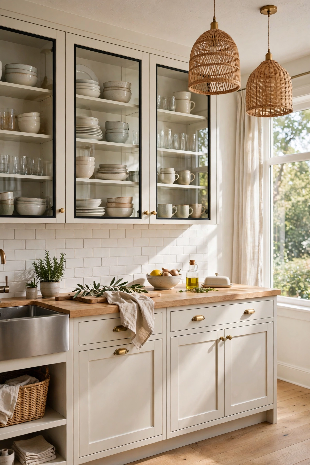 Kitchen with glass cabinet doors